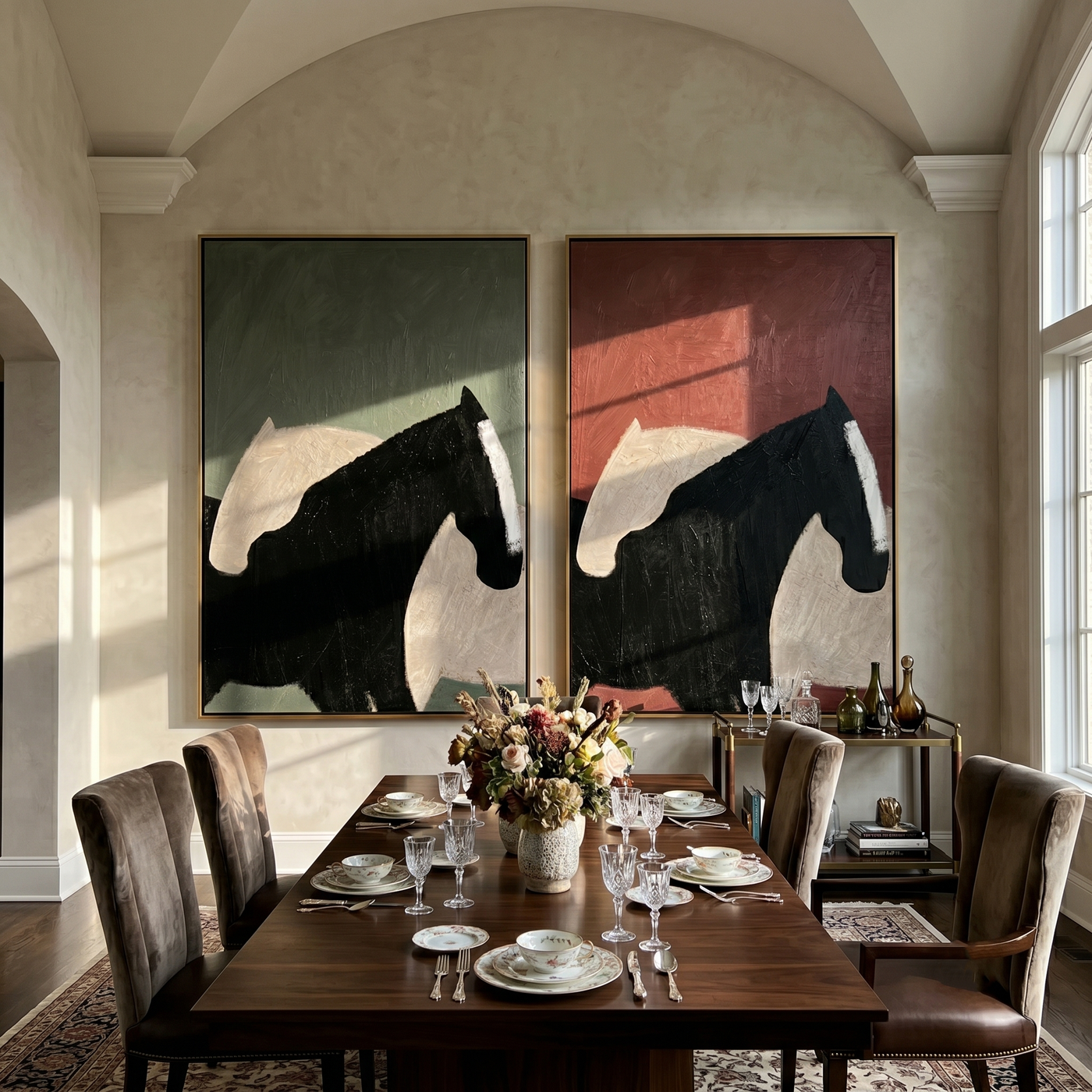 Two Shadows Share Table — brown and black modern figurative canvas art, set of 2 hand-painted canvas art – view 1