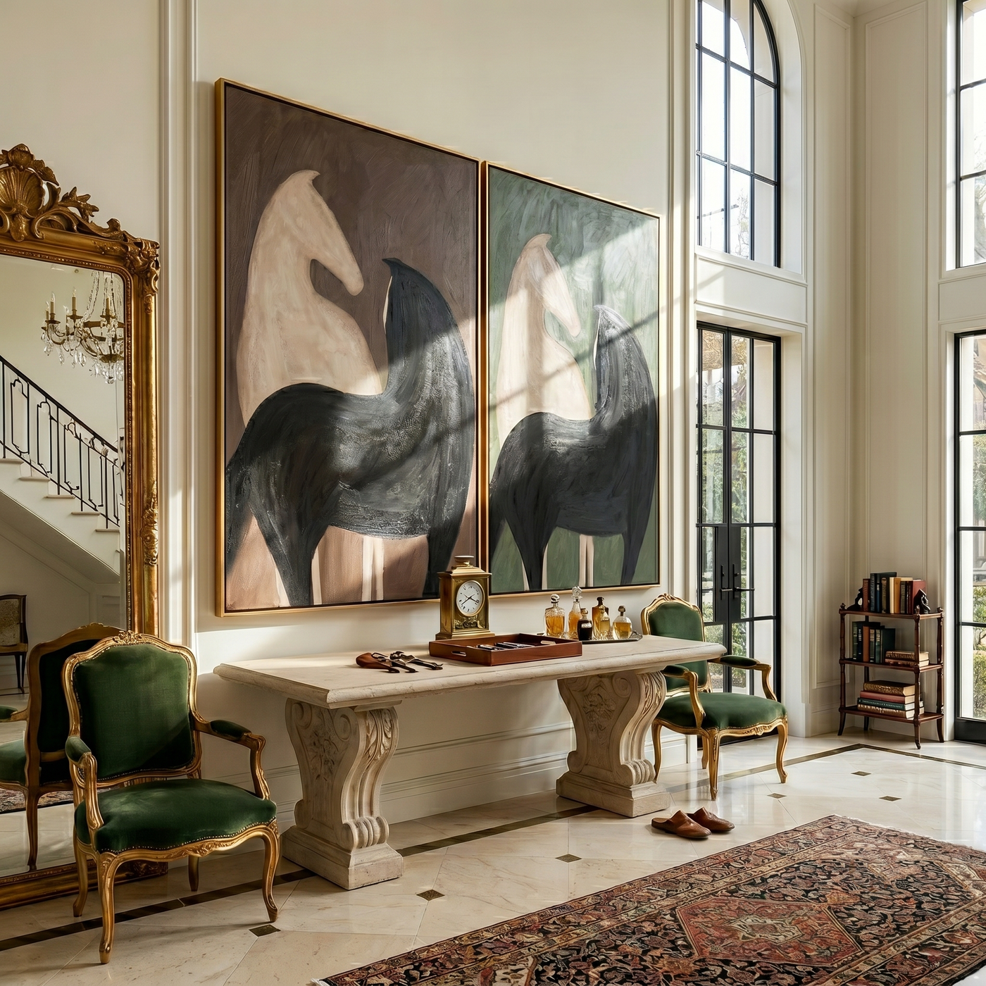 Horses Guard the Hall — brown and gray modern figurative canvas art, set of 2 hand-painted canvas art – view 1