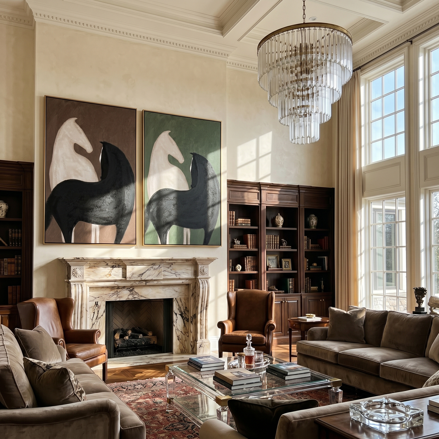 Horses Guard the Hall — brown and gray modern figurative canvas art, set of 2 hand-painted canvas art – view 2