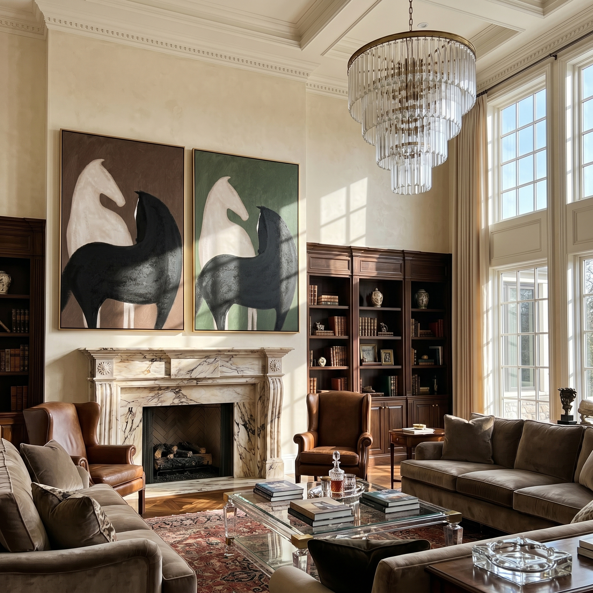 Horses Guard the Hall — brown and gray modern figurative canvas art, set of 2 hand-painted canvas art – view 2