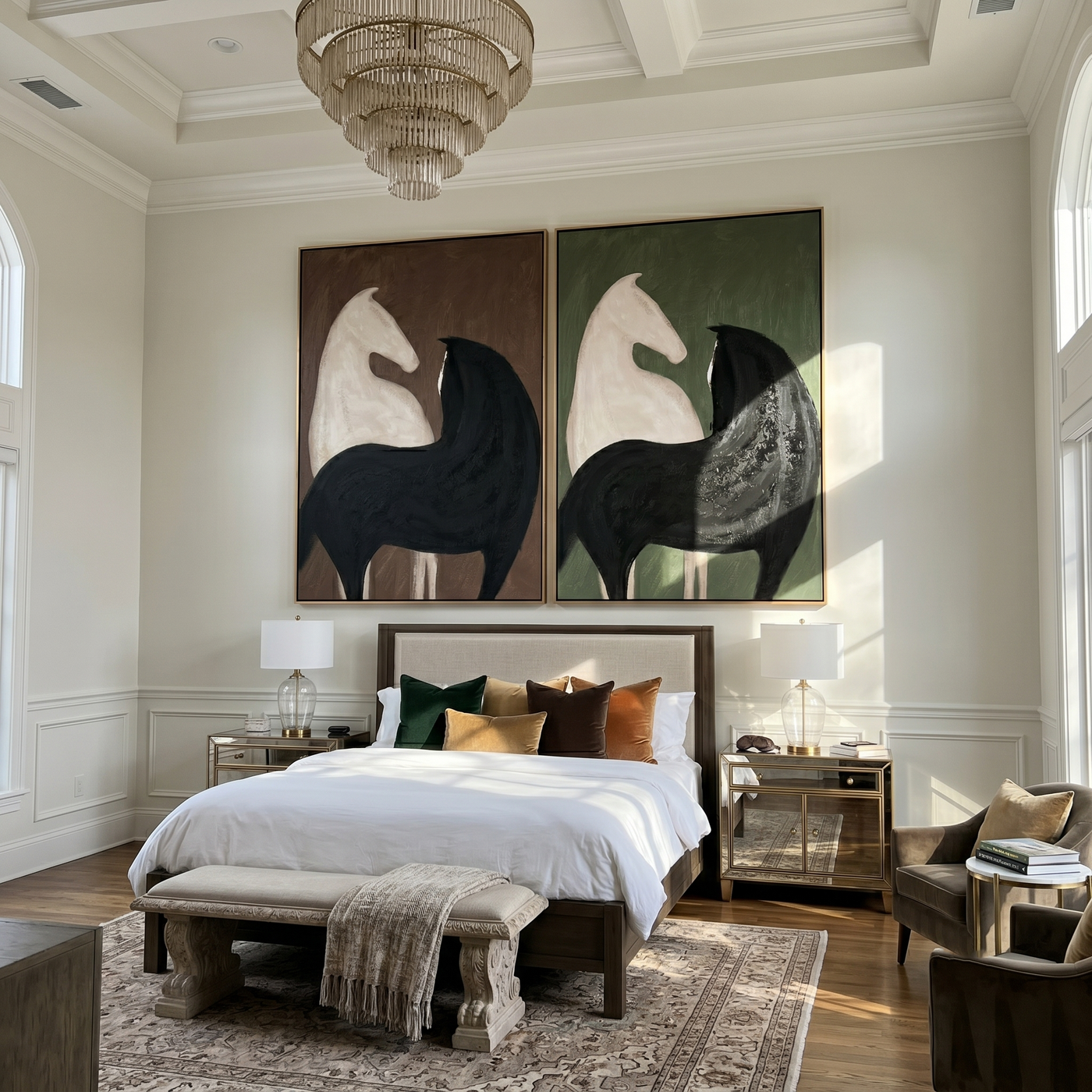 Horses Guard the Hall — brown and gray modern figurative canvas art, set of 2 hand-painted canvas art – view 3