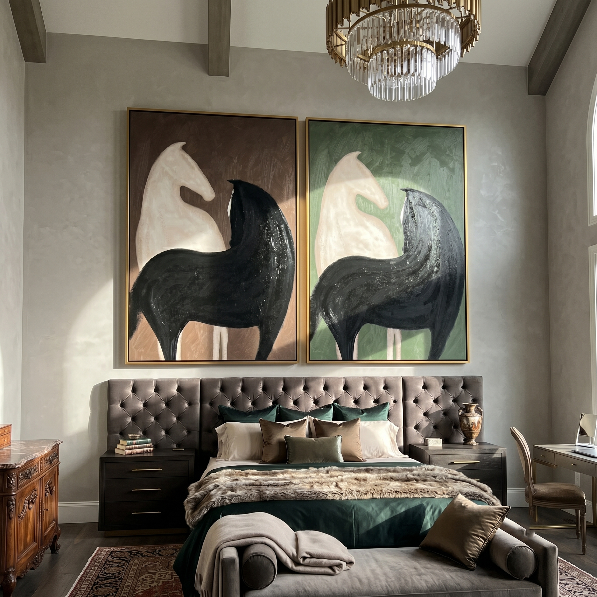 Horses Guard the Hall — brown and gray modern figurative canvas art, set of 2 hand-painted canvas art – view 4
