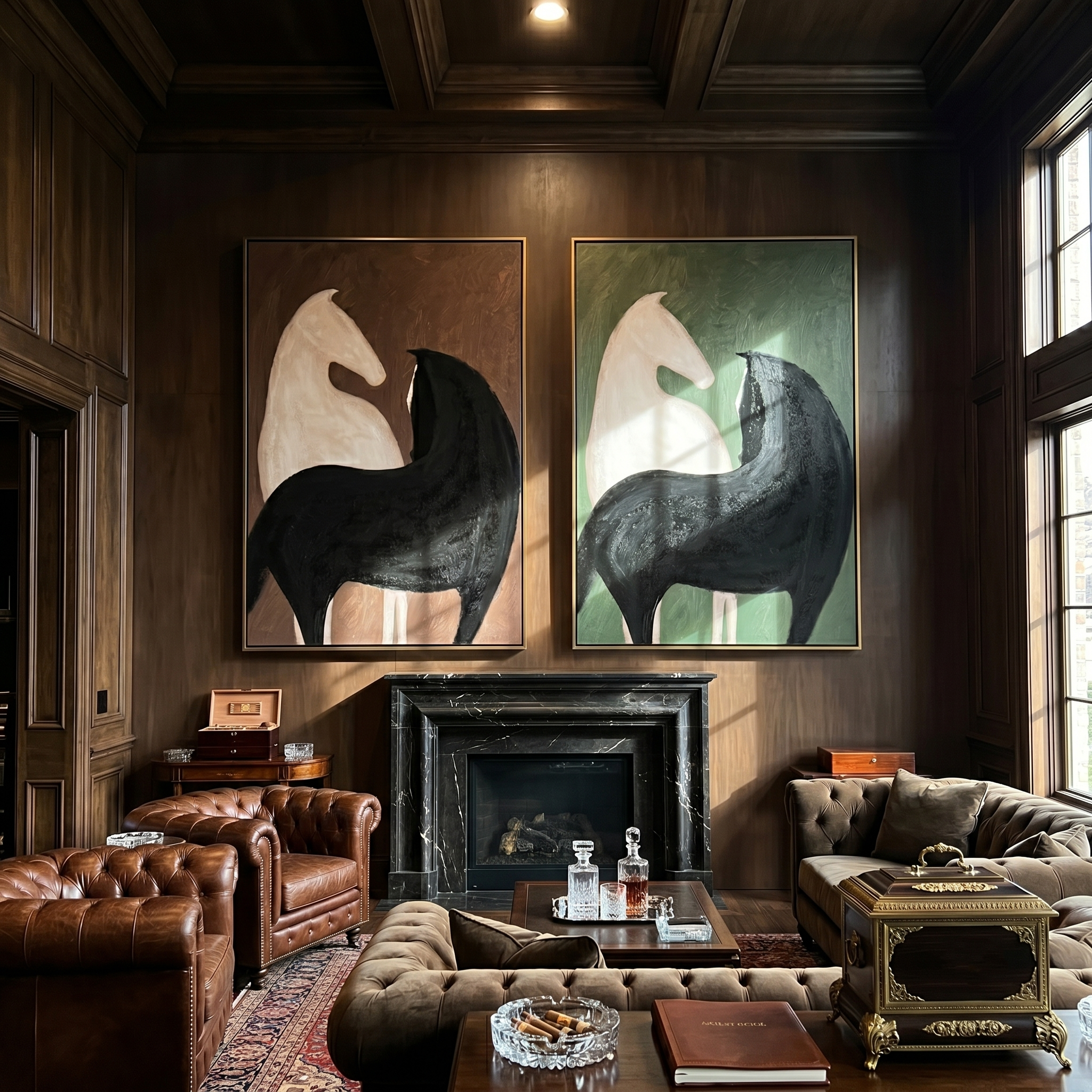 Horses Guard the Hall — brown and gray modern figurative canvas art, set of 2 hand-painted canvas art – view 5