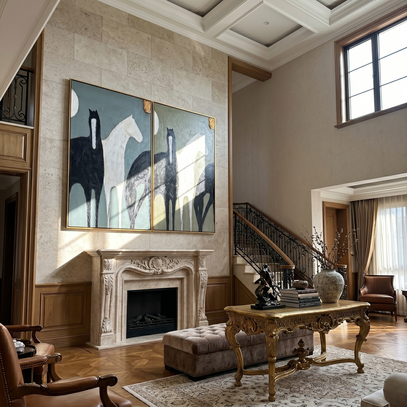 Moonlit Pair Above Mantel — brown and gray modern figurative canvas art, set of 2 hand-painted canvas art – view 1