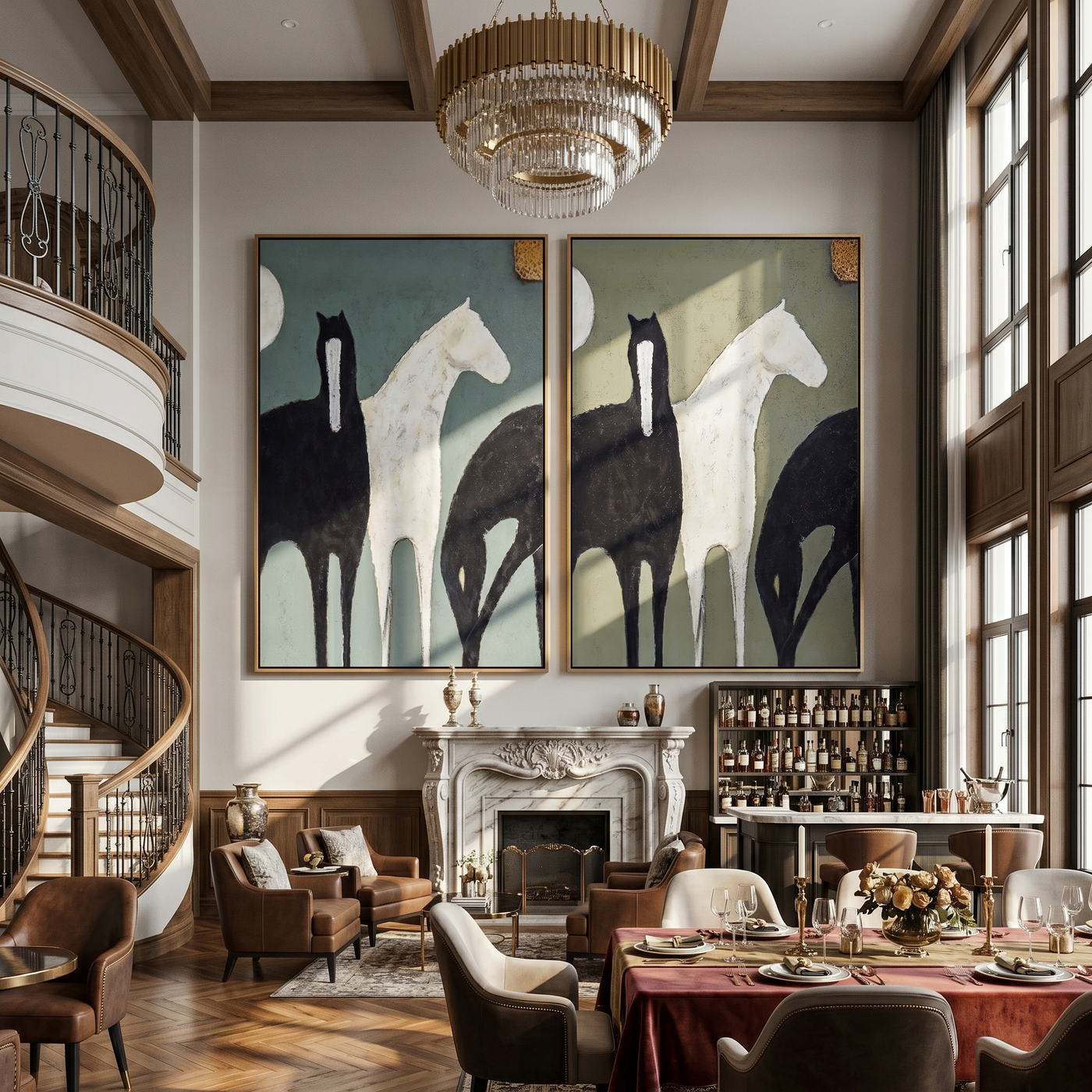 Moonlit Pair Above Mantel — brown and gray modern figurative canvas art, set of 2 hand-painted canvas art – view 2