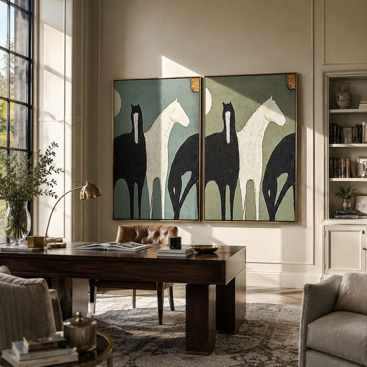 Moonlit Pair Above Mantel — brown and gray modern figurative canvas art, set of 2 hand-painted canvas art – view 3