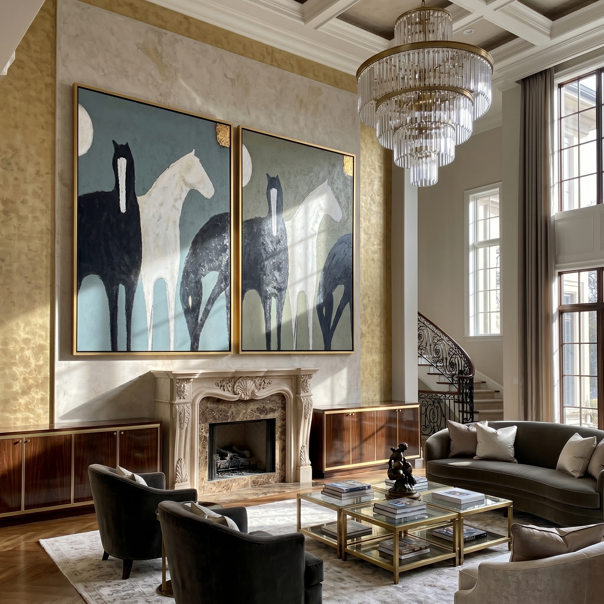 Moonlit Pair Above Mantel — brown and gray modern figurative canvas art, set of 2 hand-painted canvas art – view 5