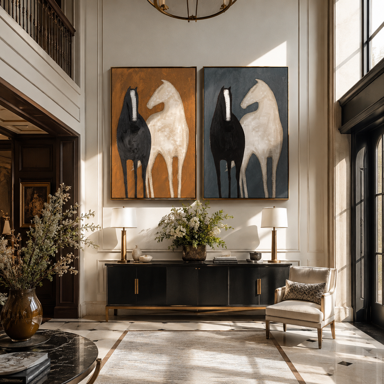 Ivory Meets Black Twice — brown and gray and black modern figurative canvas art, set of 2 hand-painted canvas art – view 1