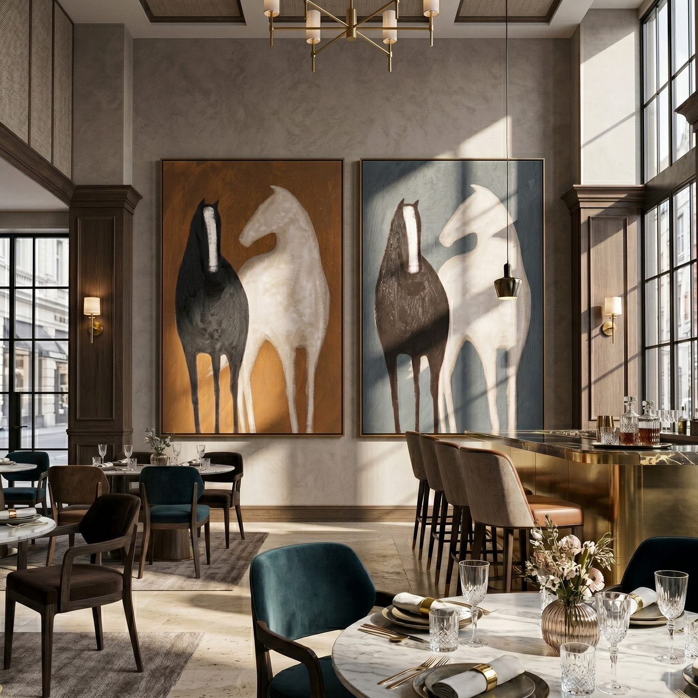 Ivory Meets Black Twice — brown and gray and black modern figurative canvas art, set of 2 hand-painted canvas art – view 2
