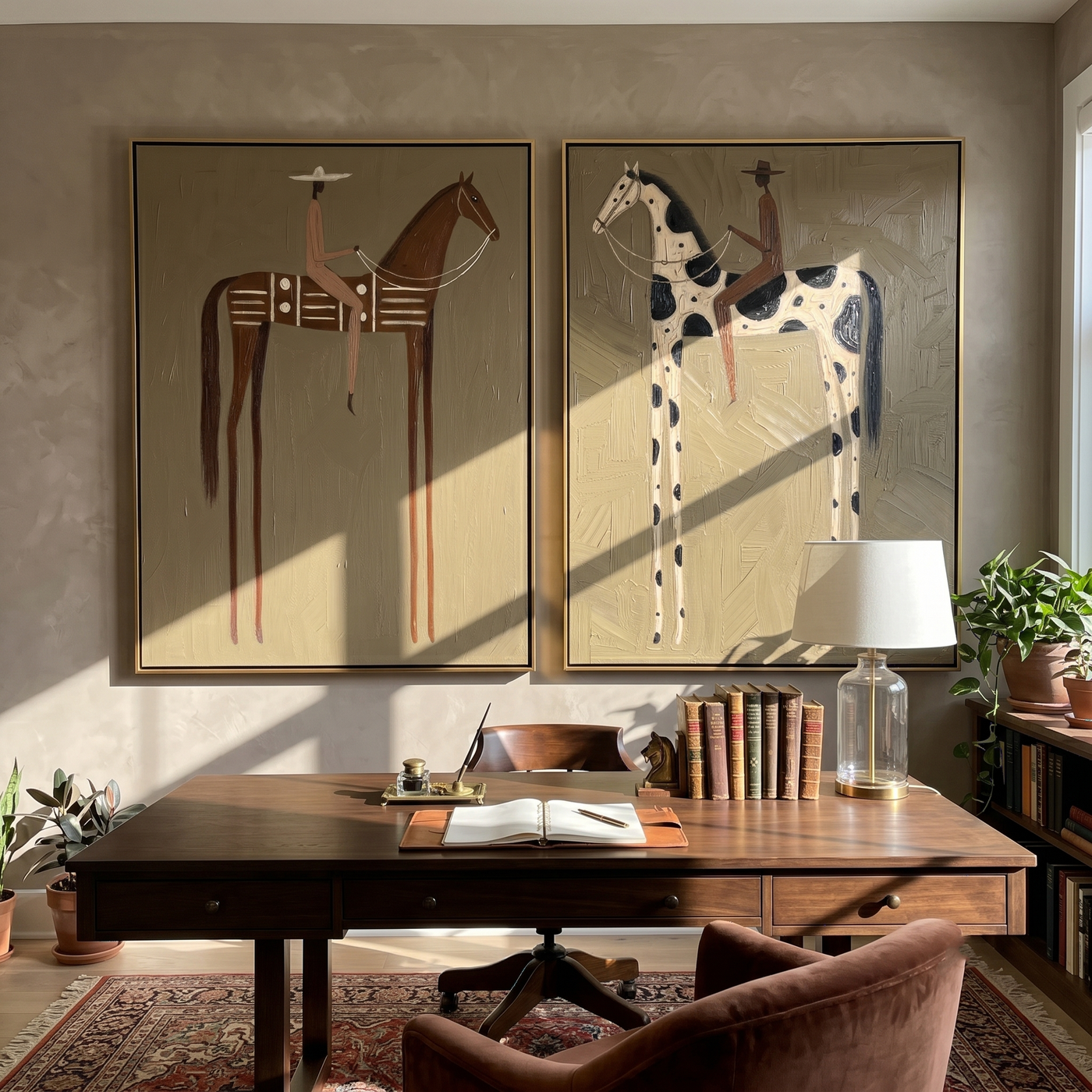 Two Riders Face Distance — brown and black modern figurative canvas art, set of 2 hand-painted canvas art – view 1