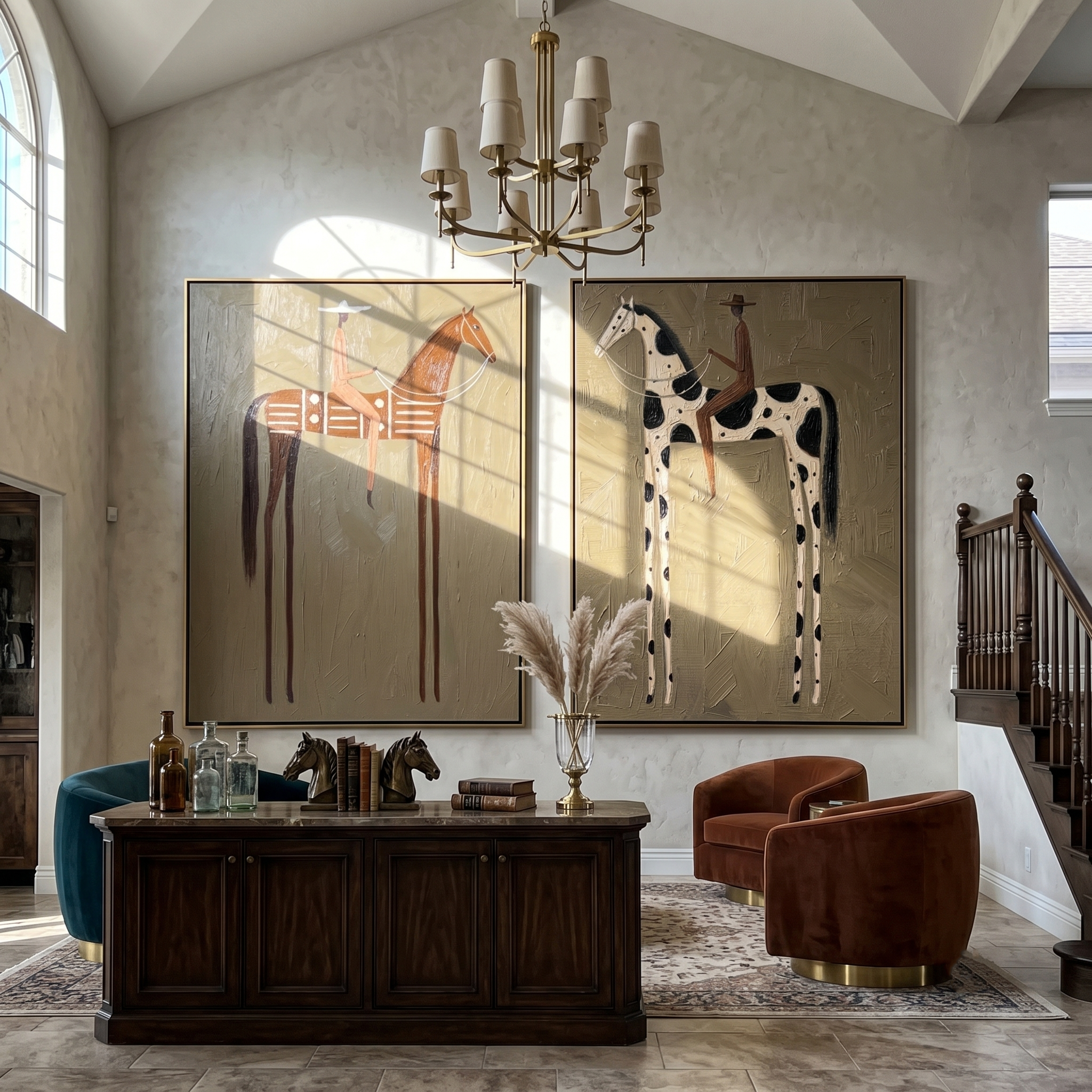 Two Riders Face Distance — brown and black modern figurative canvas art, set of 2 hand-painted canvas art – view 4