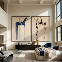 Blue and Spotted Stand — gray and brown modern figurative canvas art, set of 2 hand-painted canvas art – view 5