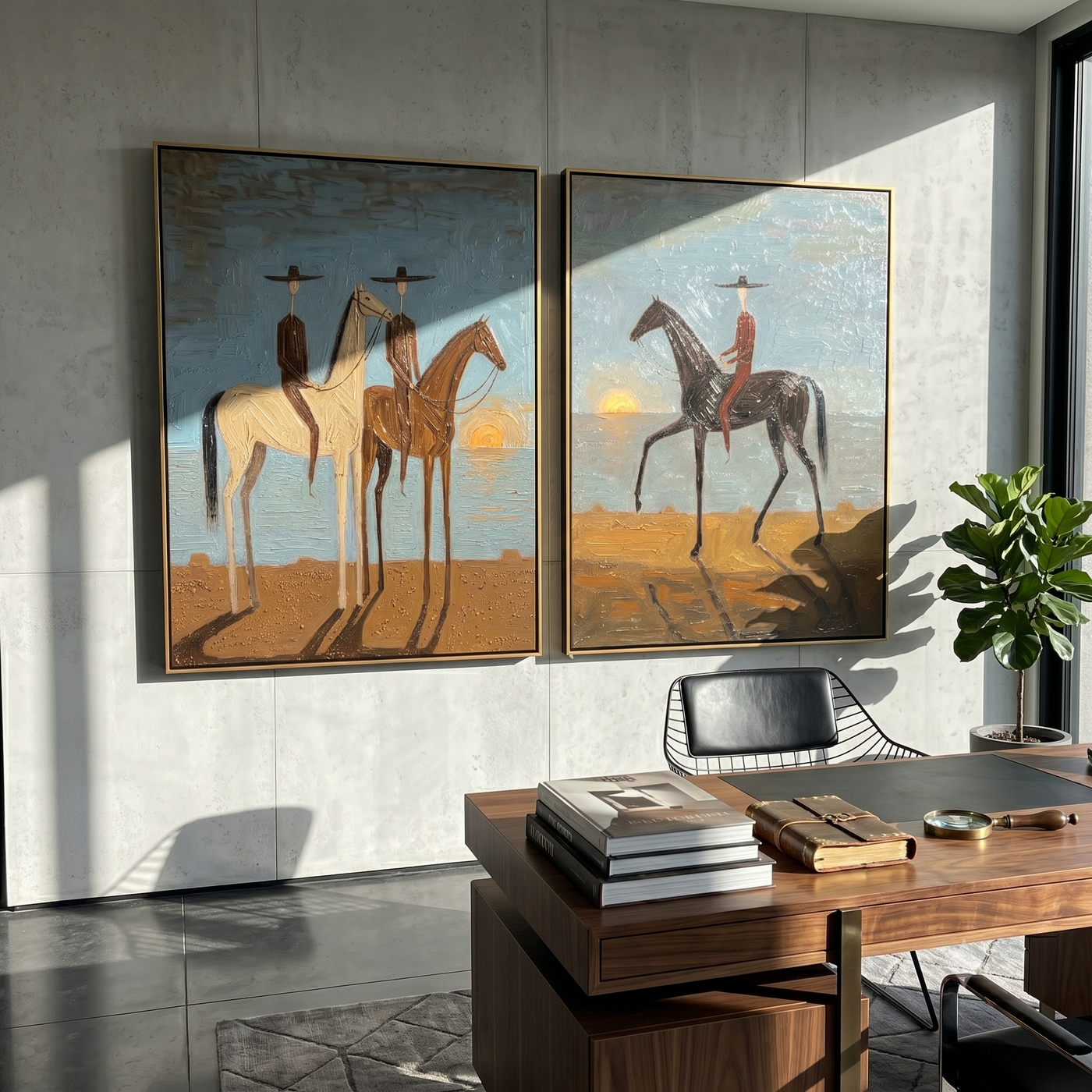Sunset Riders Divide Time — gray and brown modern figurative canvas art, set of 2 hand-painted canvas art – view 1