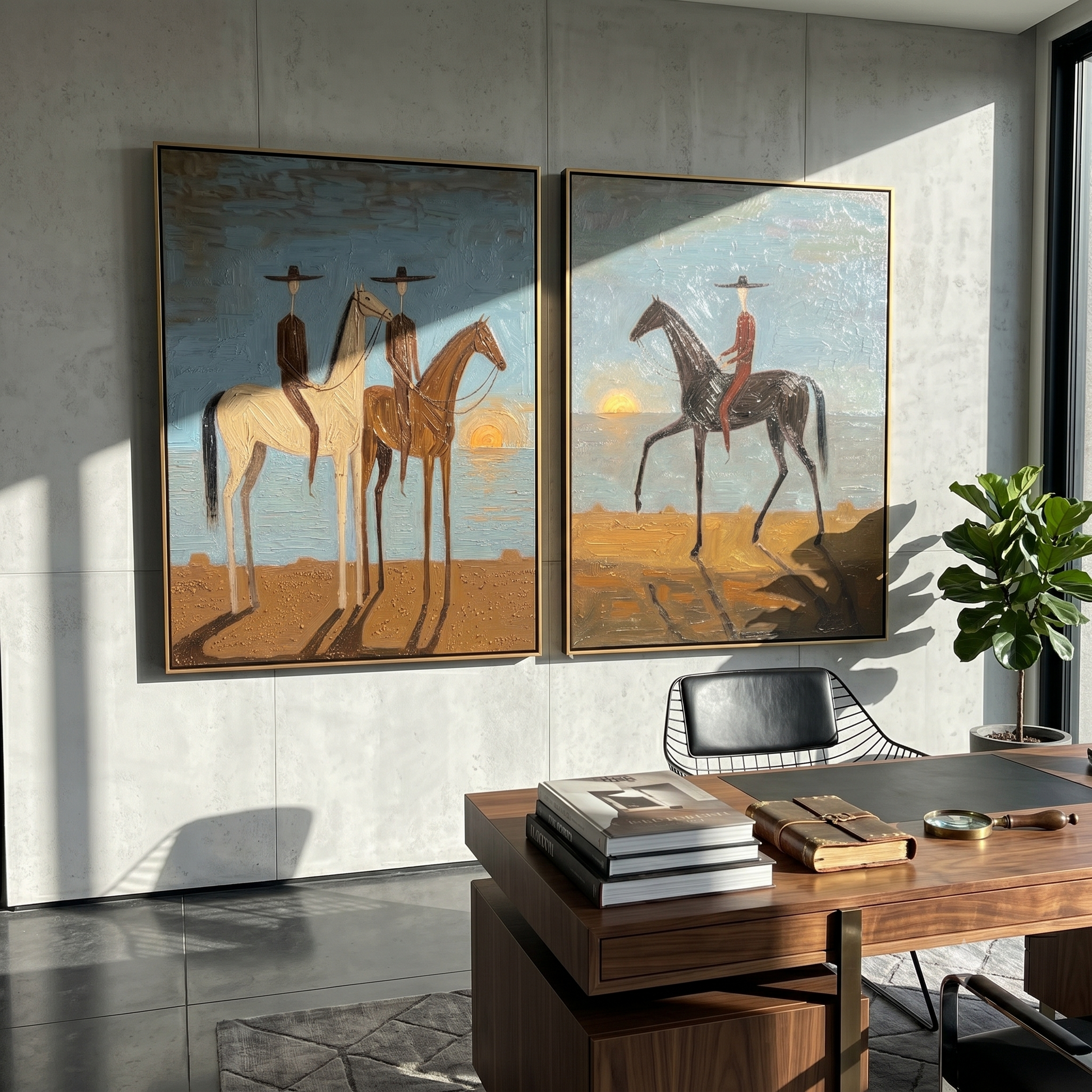 Sunset Riders Divide Time — gray and brown modern figurative canvas art, set of 2 hand-painted canvas art – view 1