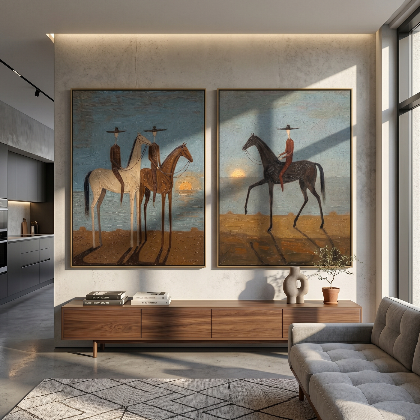 Sunset Riders Divide Time — gray and brown modern figurative canvas art, set of 2 hand-painted canvas art – view 2