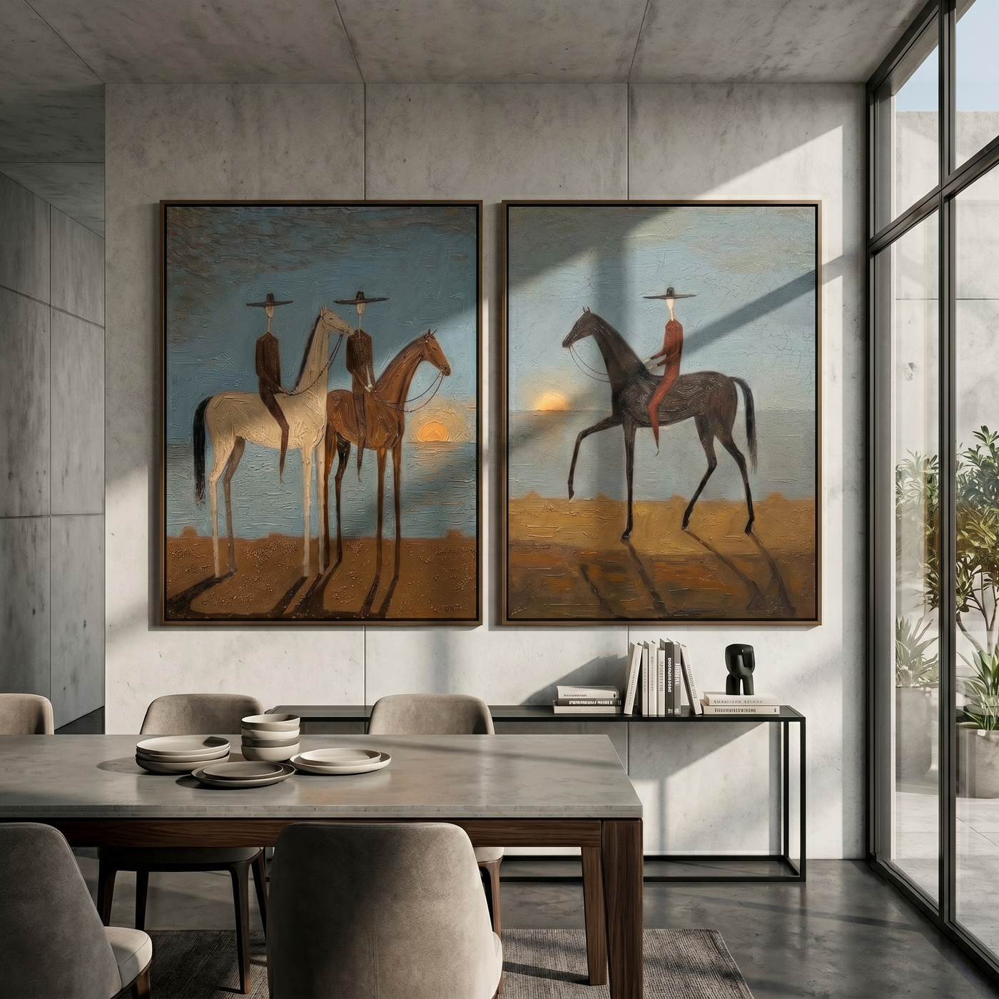 Sunset Riders Divide Time — gray and brown modern figurative canvas art, set of 2 hand-painted canvas art – view 3