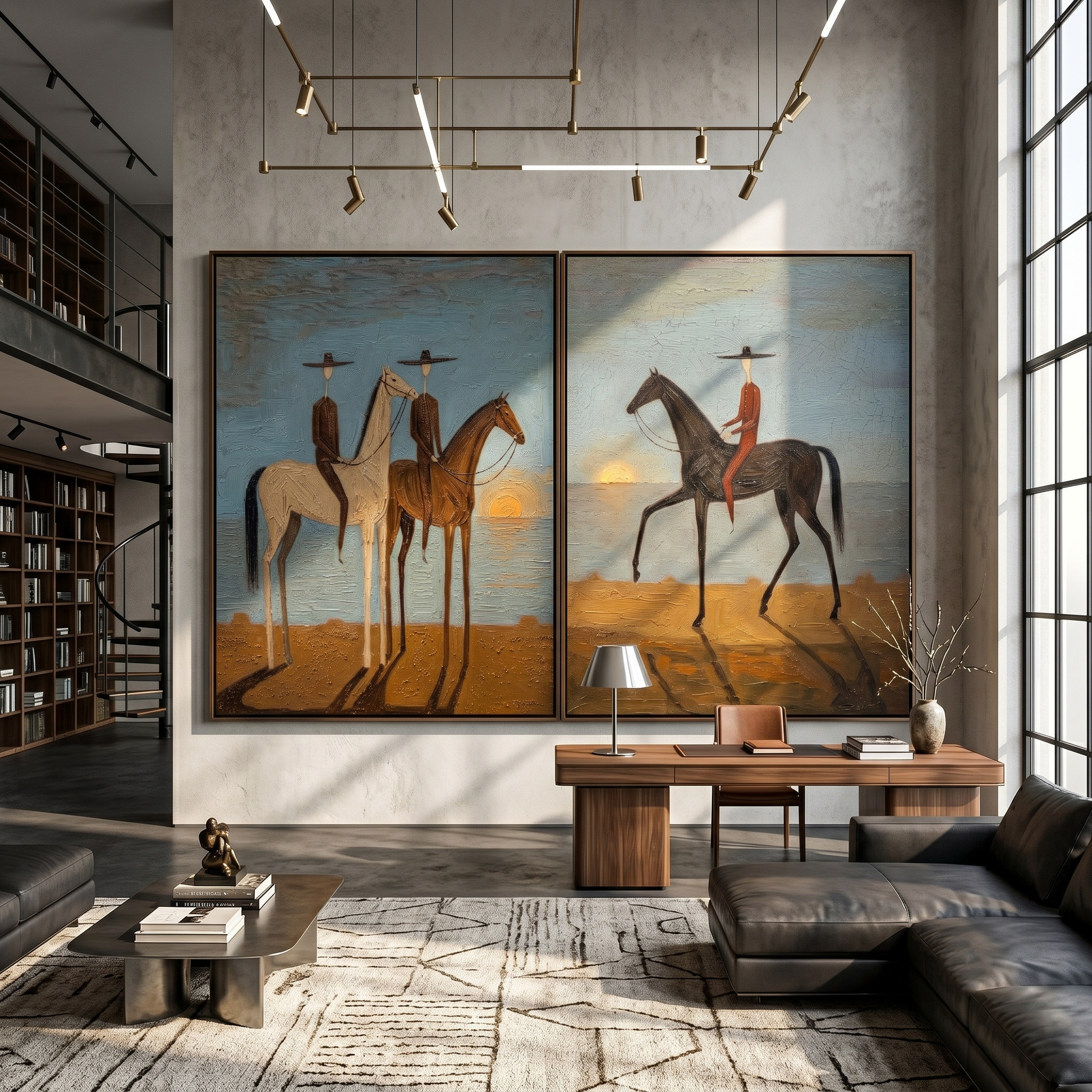 Sunset Riders Divide Time — gray and brown modern figurative canvas art, set of 2 hand-painted canvas art – view 5