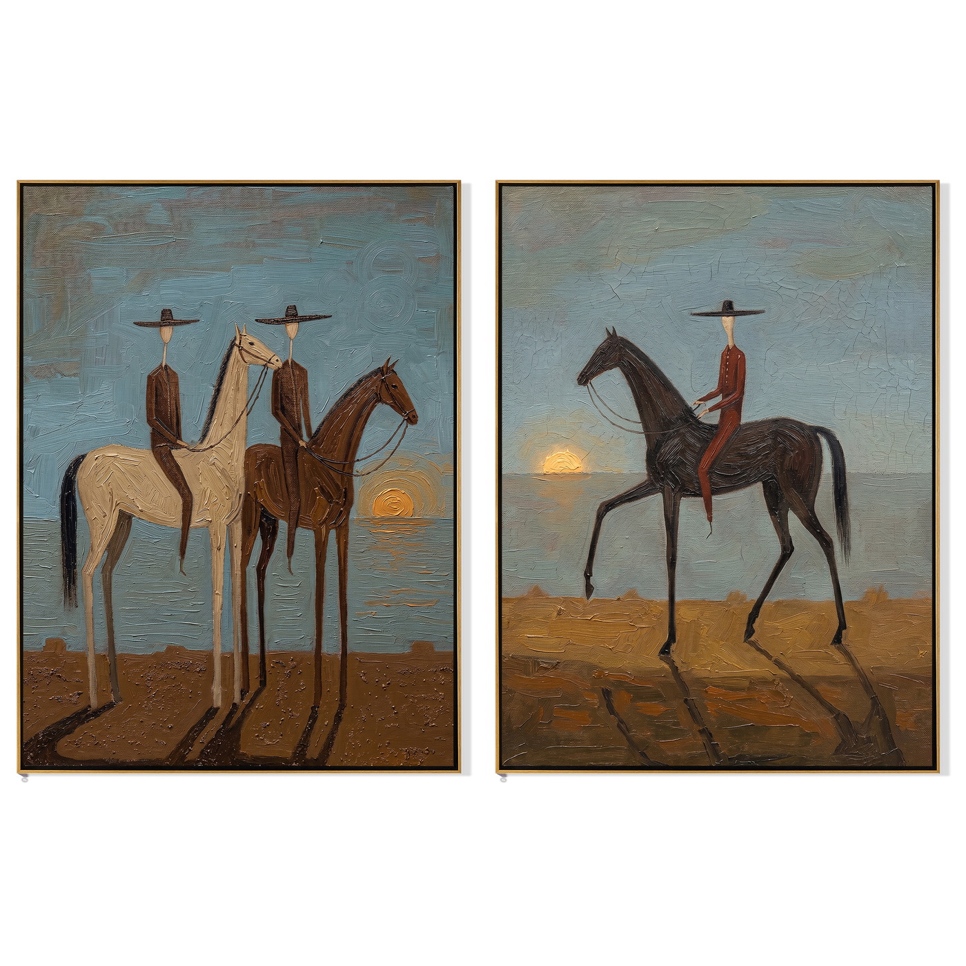 Sunset Riders Divide Time — gray and brown modern figurative canvas art, set of 2 hand-painted canvas art – view 6