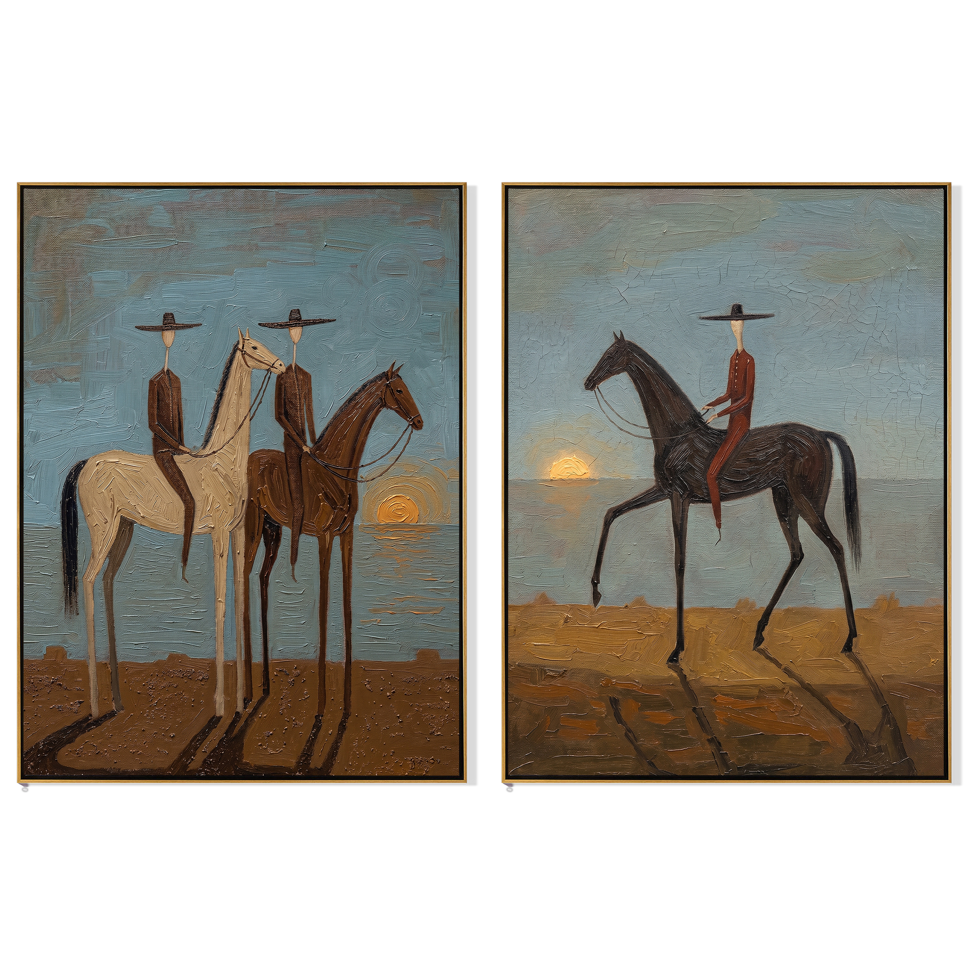 Sunset Riders Divide Time — gray and brown modern figurative canvas art, set of 2 hand-painted canvas art – view 6