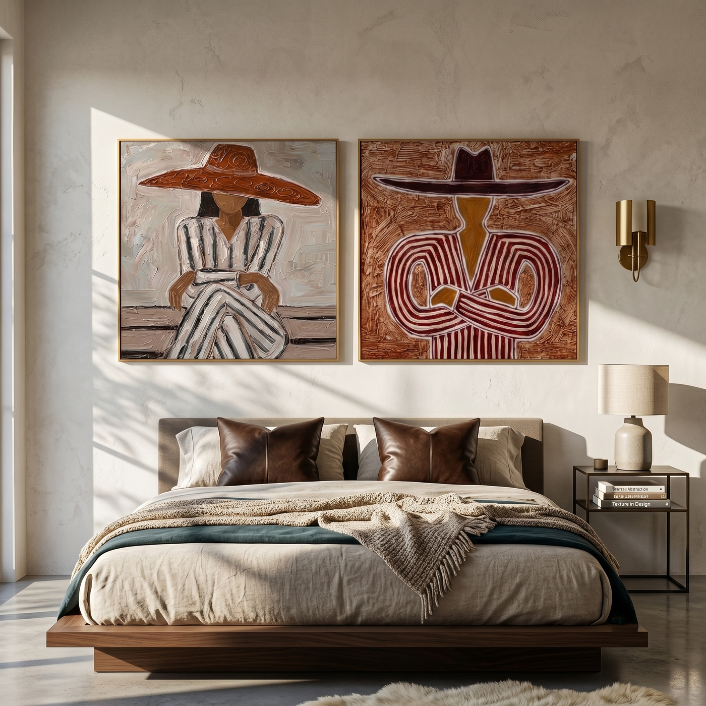 Two Hats Keep Company — brown and gray modern figurative canvas art, set of 2 hand-painted canvas art – view 1