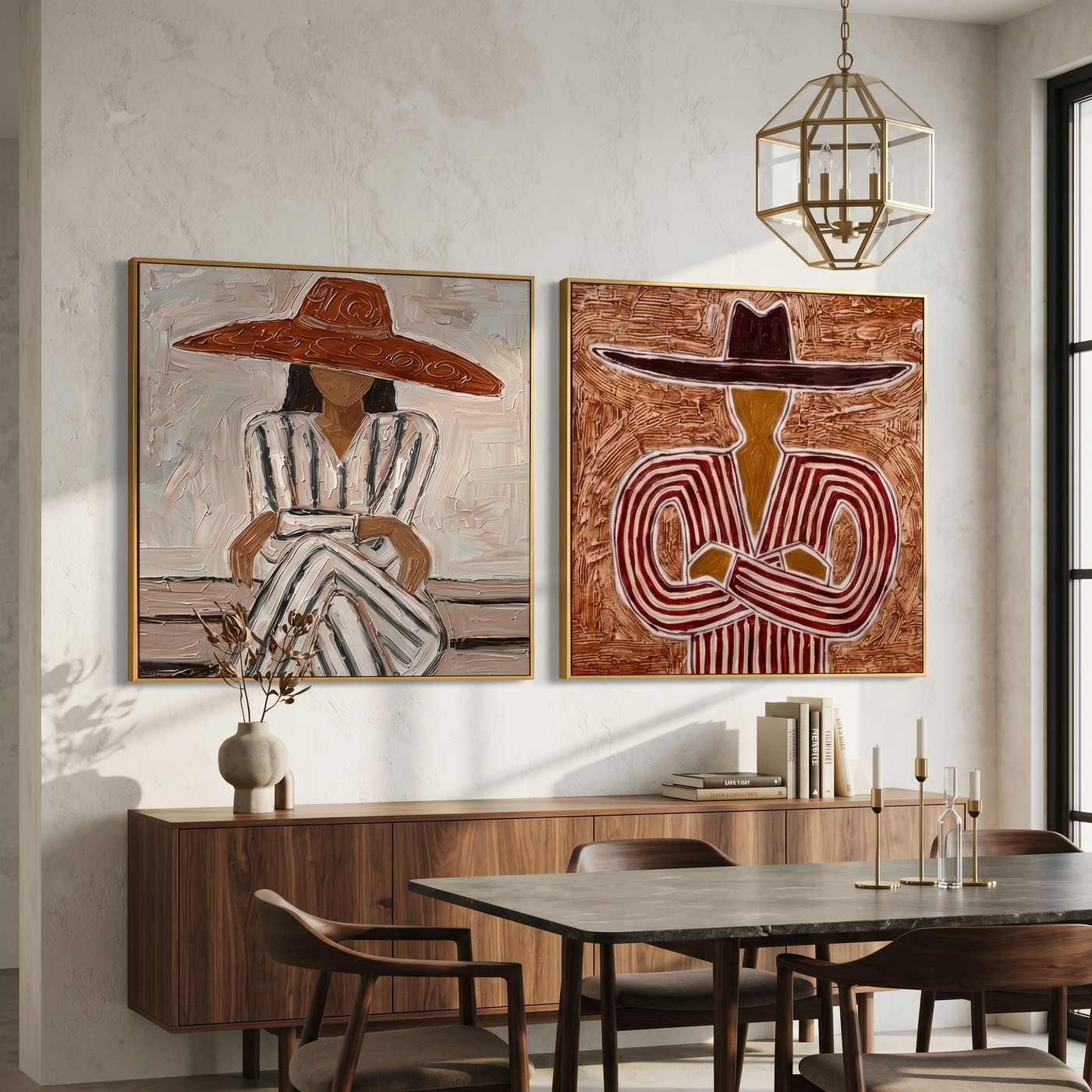 Two Hats Keep Company — brown and gray modern figurative canvas art, set of 2 hand-painted canvas art – view 2