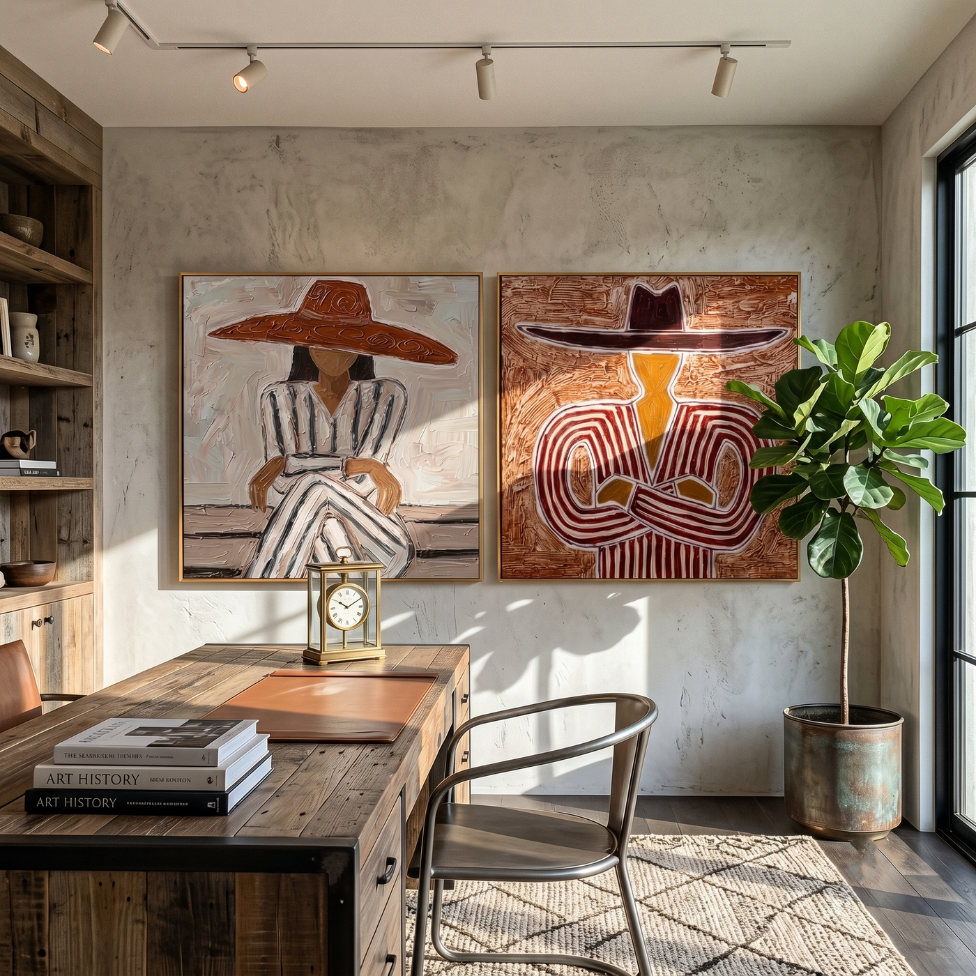 Two Hats Keep Company — brown and gray modern figurative canvas art, set of 2 hand-painted canvas art – view 3