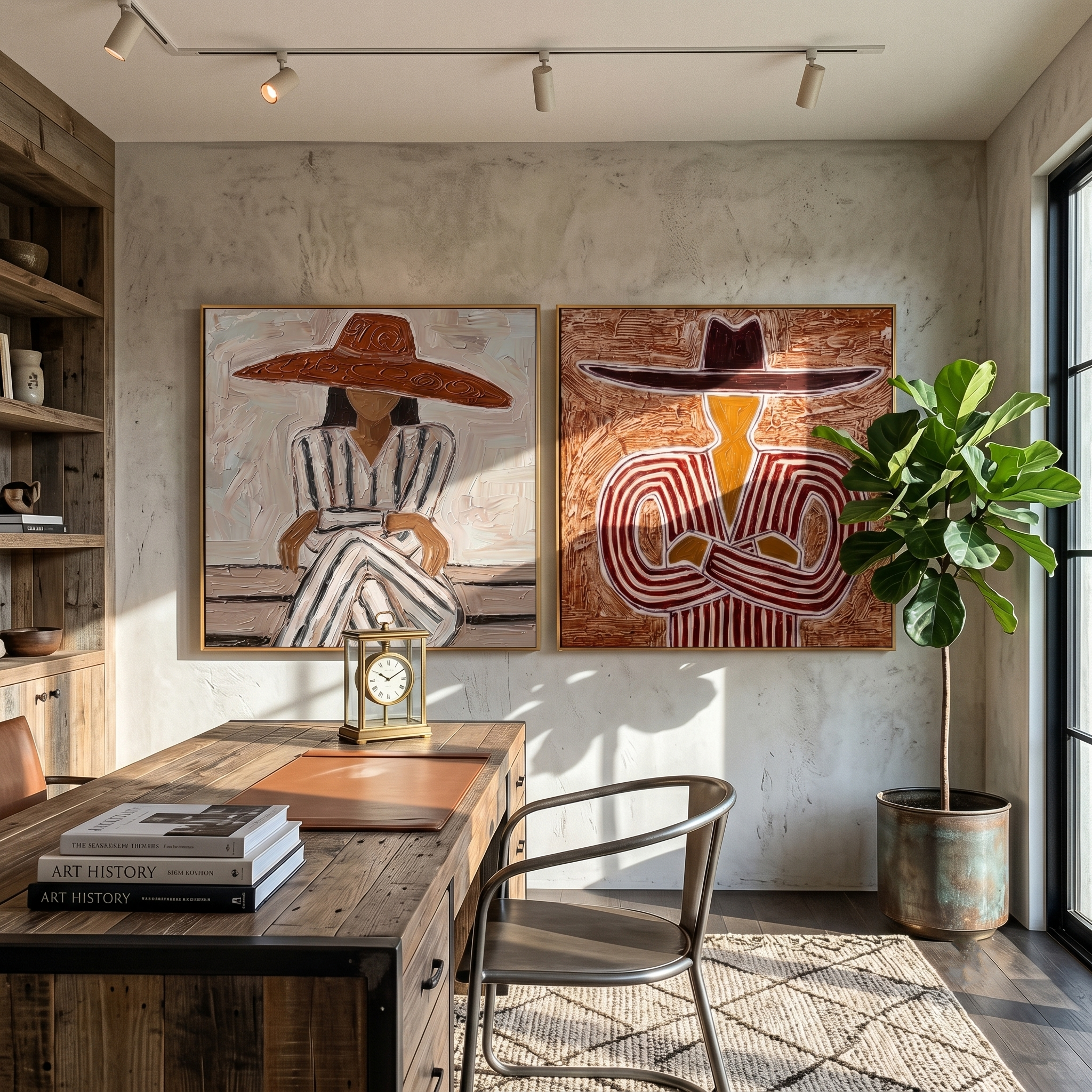 Two Hats Keep Company — brown and gray modern figurative canvas art, set of 2 hand-painted canvas art – view 3