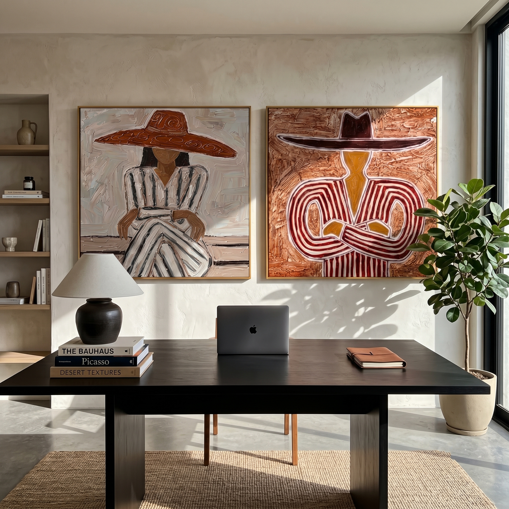 Two Hats Keep Company — brown and gray modern figurative canvas art, set of 2 hand-painted canvas art – view 5