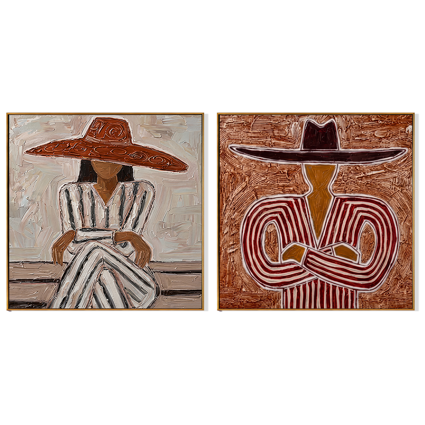 Two Hats Keep Company — brown and gray modern figurative canvas art, set of 2 hand-painted canvas art – view 6