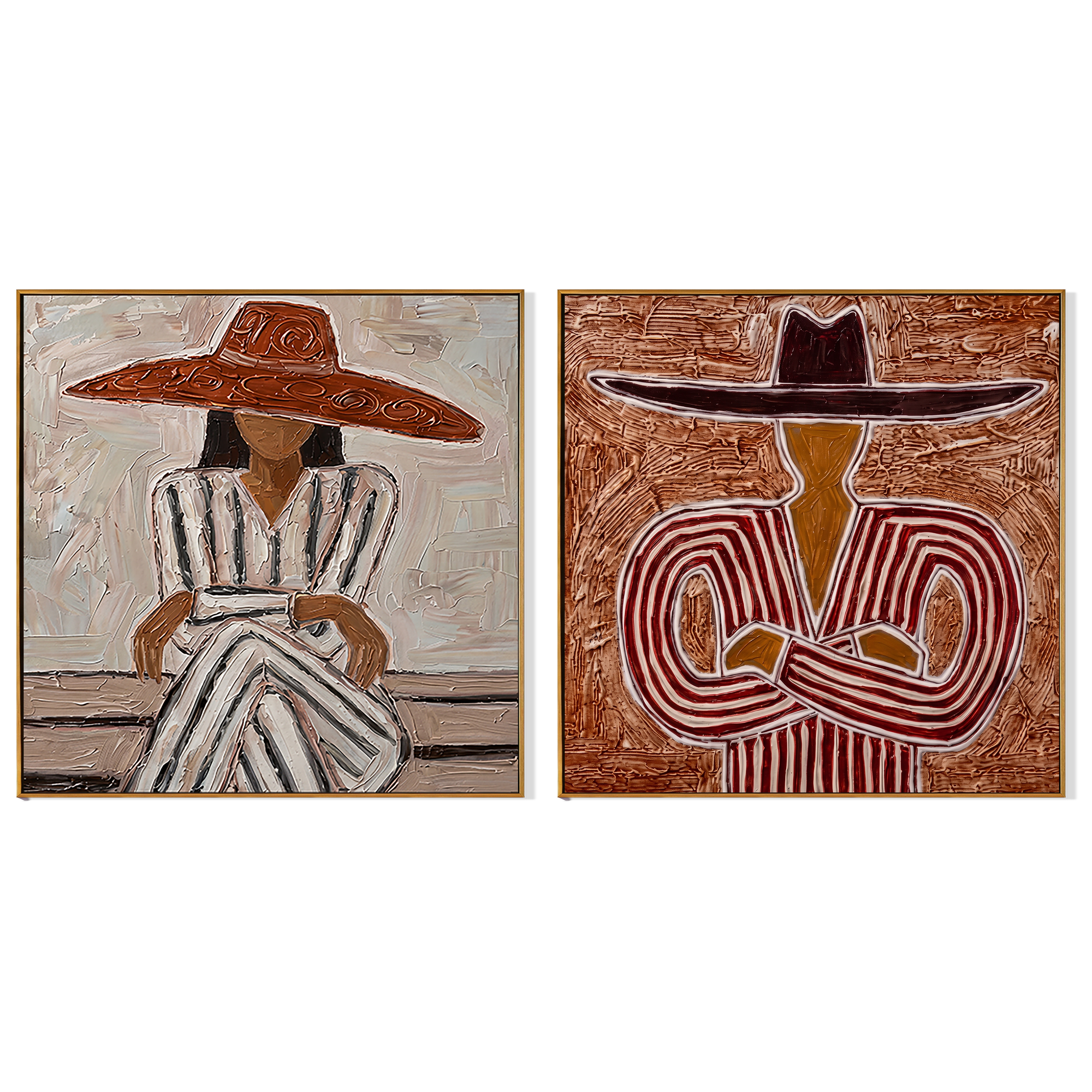 Two Hats Keep Company — brown and gray modern figurative canvas art, set of 2 hand-painted canvas art – view 6