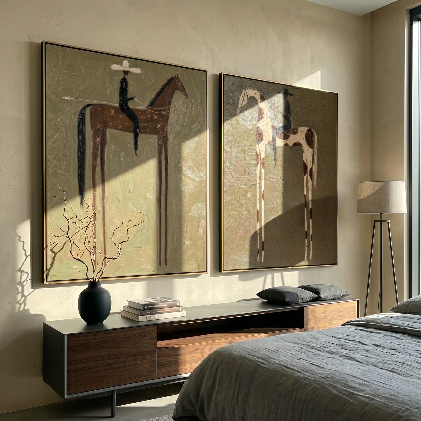 Two Riders Cross Silence — brown and gray modern figurative canvas art, set of 2 hand-painted canvas art – view 2