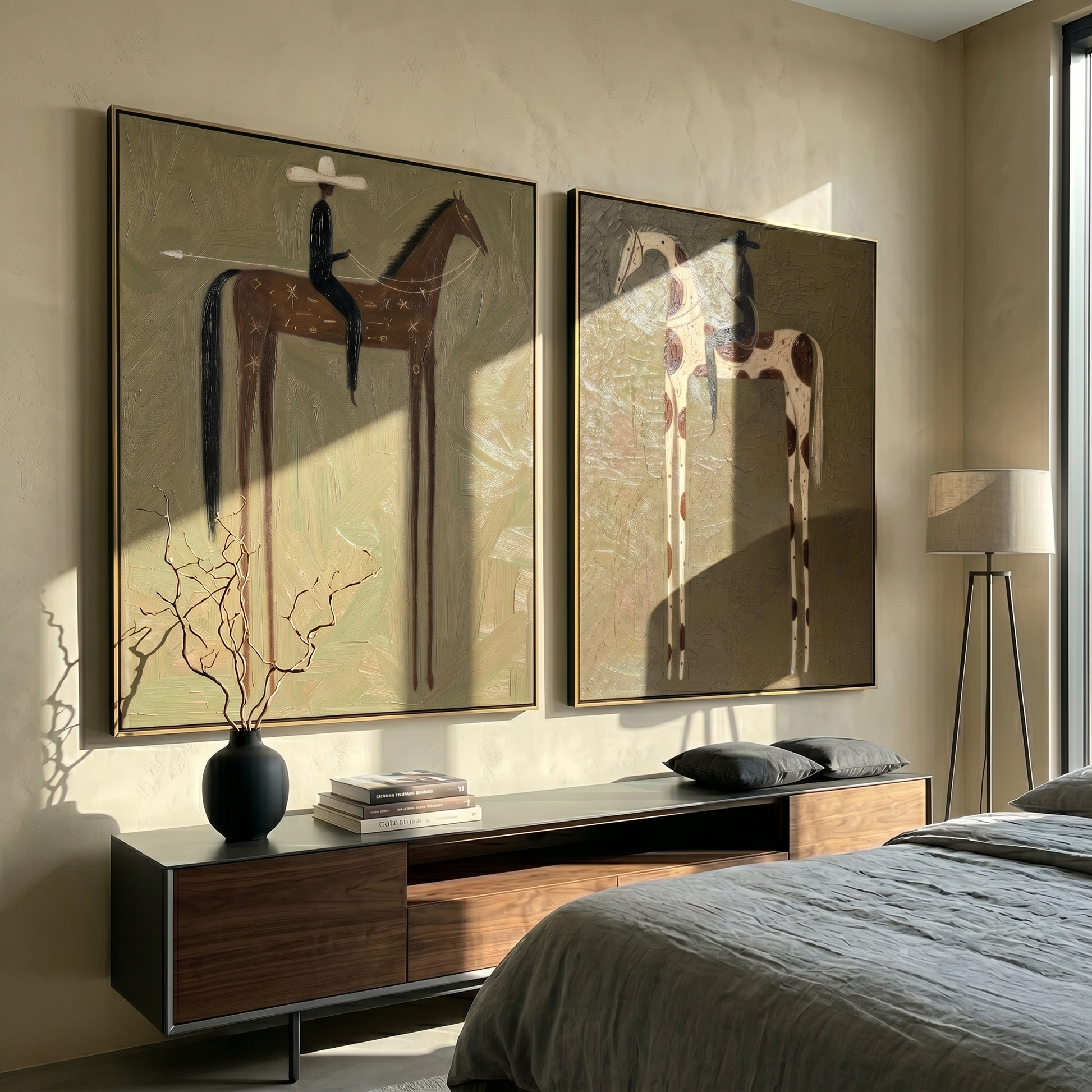 Two Riders Cross Silence — brown and gray modern figurative canvas art, set of 2 hand-painted canvas art – view 2