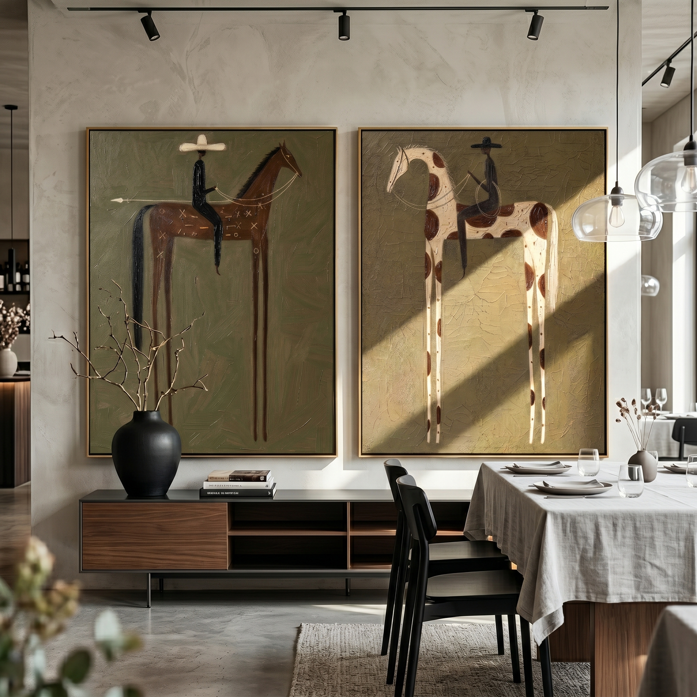 Two Riders Cross Silence — brown and gray modern figurative canvas art, set of 2 hand-painted canvas art – view 3