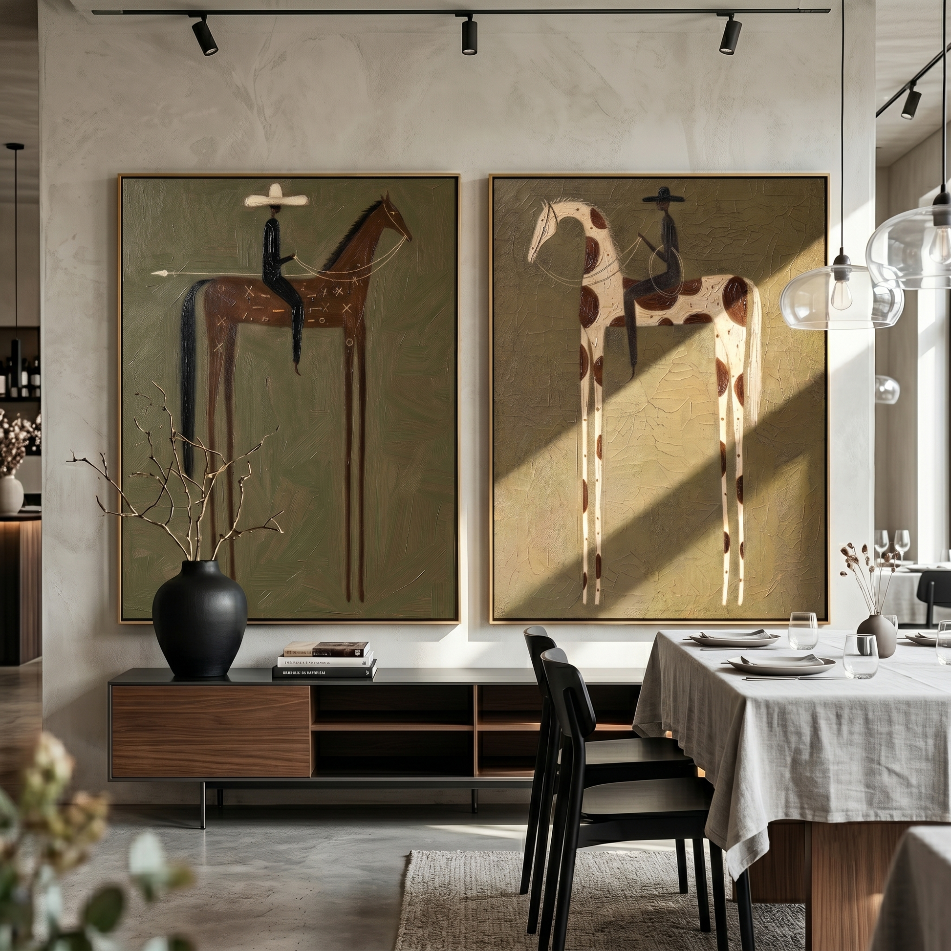 Two Riders Cross Silence — brown and gray modern figurative canvas art, set of 2 hand-painted canvas art – view 3