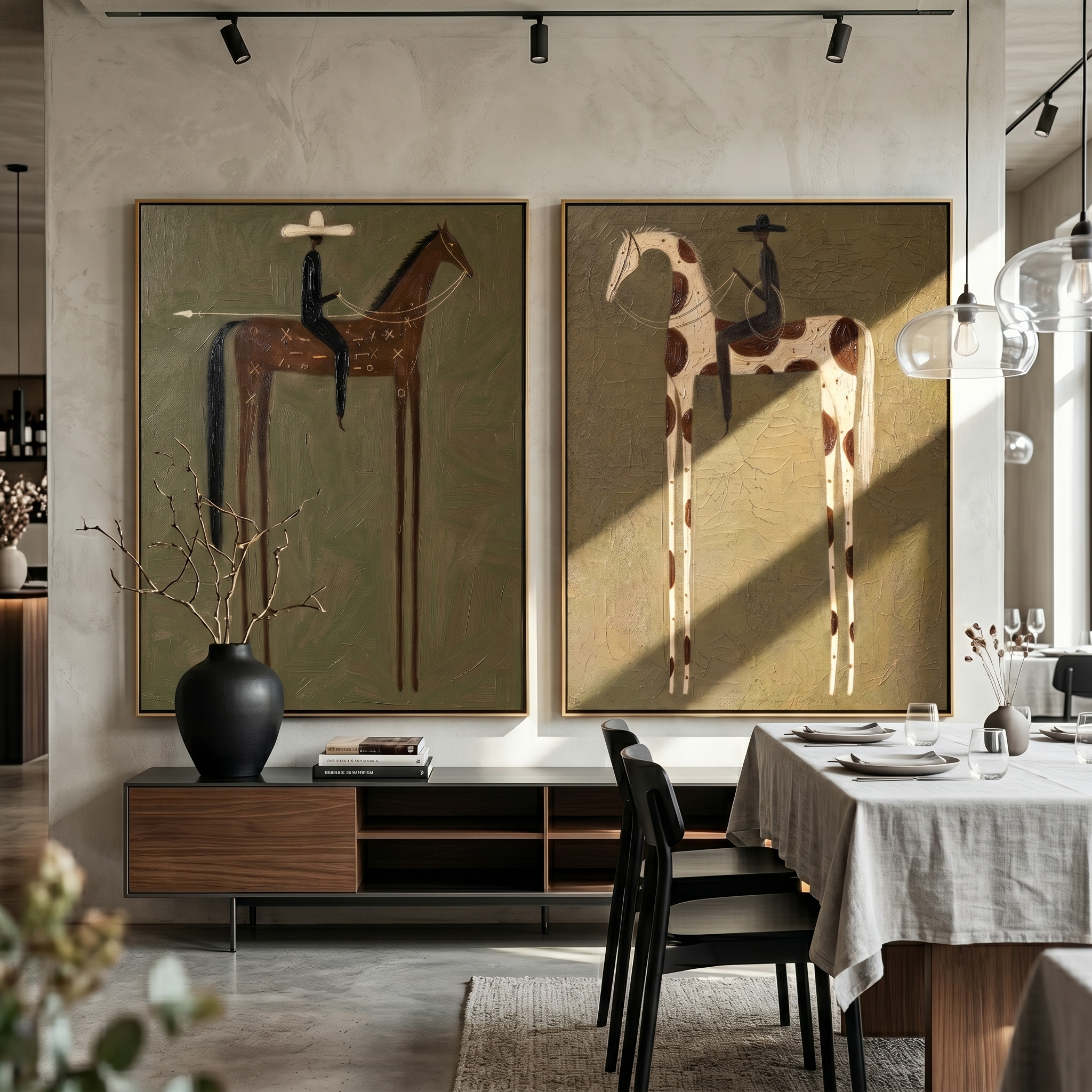 Two Riders Cross Silence — brown and gray modern figurative canvas art, set of 2 hand-painted canvas art – view 3