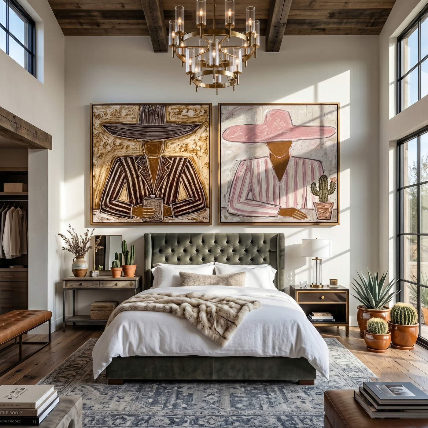 Sombreros Hold Desert Light — brown and gray modern figurative canvas art, set of 2 hand-painted canvas art – view 2