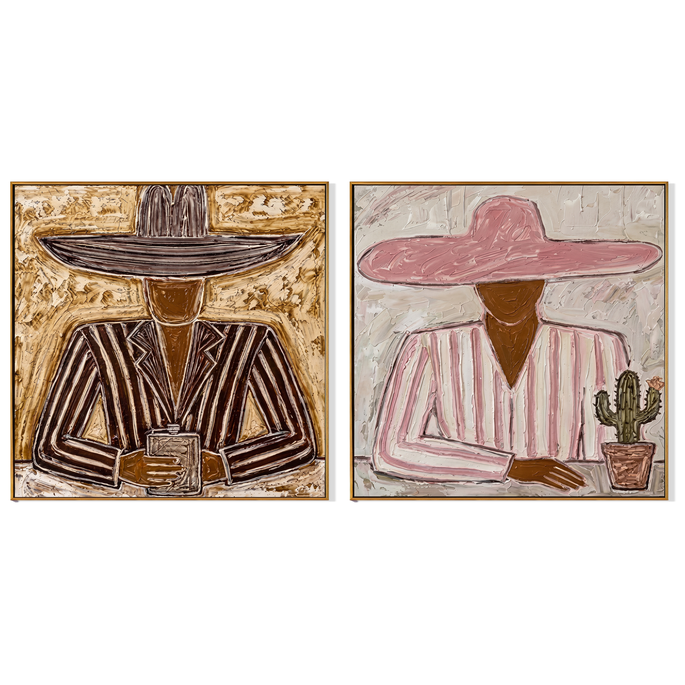 Sombreros Hold Desert Light — brown and gray modern figurative canvas art, set of 2 hand-painted canvas art – view 6