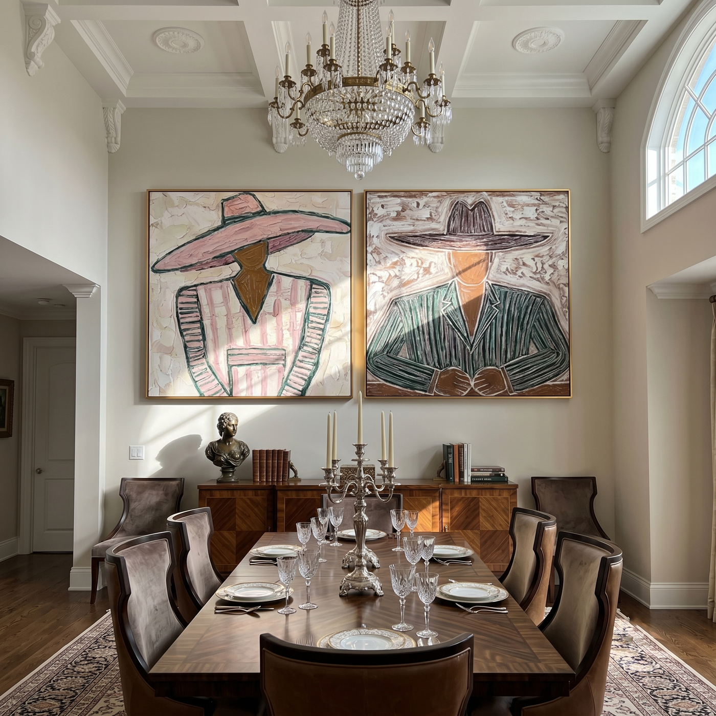 Wide Brims Shelter Stories — gray and brown modern figurative canvas art, set of 2 hand-painted canvas art – view 1