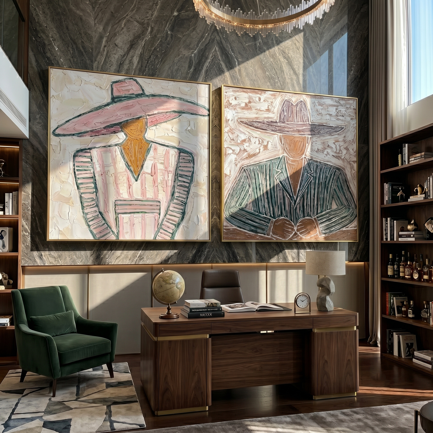 Wide Brims Shelter Stories — gray and brown modern figurative canvas art, set of 2 hand-painted canvas art – view 2