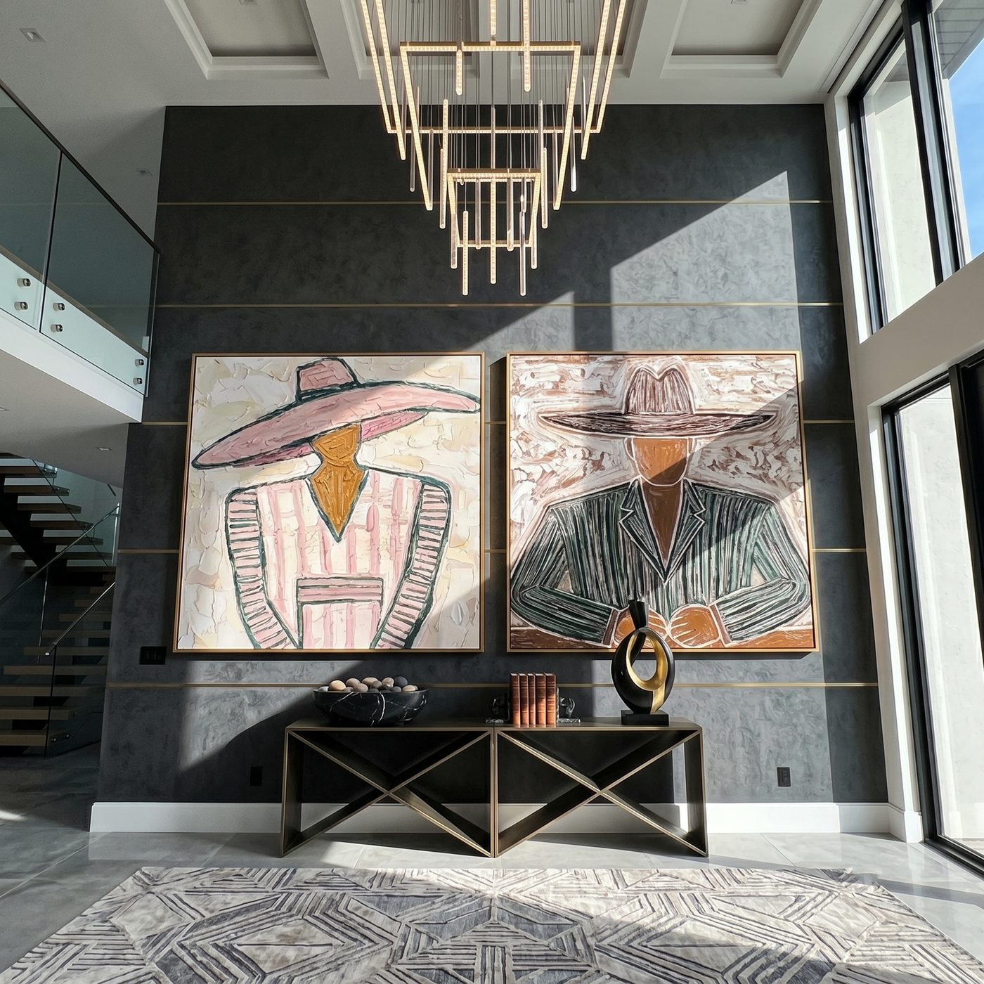 Wide Brims Shelter Stories — gray and brown modern figurative canvas art, set of 2 hand-painted canvas art – view 3