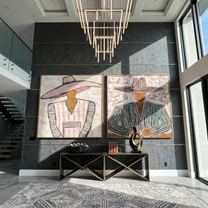 Wide Brims Shelter Stories — gray and brown modern figurative canvas art, set of 2 hand-painted canvas art – view 3