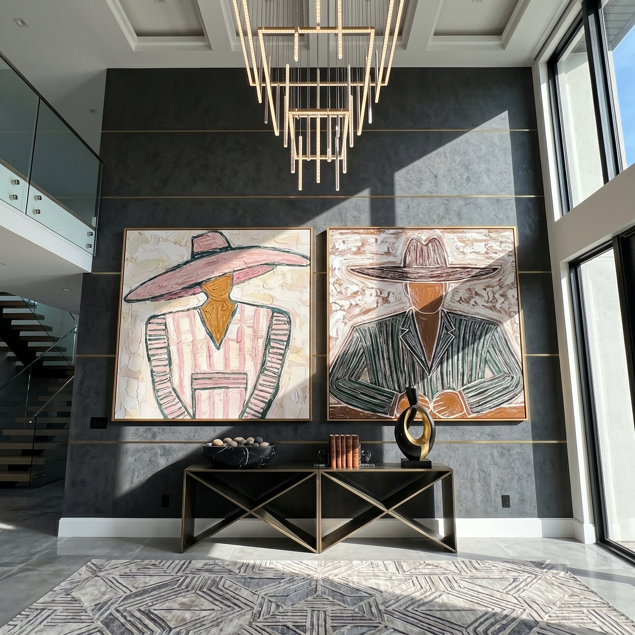 Wide Brims Shelter Stories — gray and brown modern figurative canvas art, set of 2 hand-painted canvas art – view 3