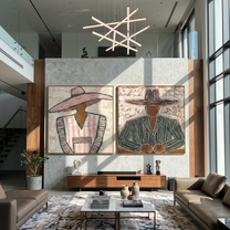 Wide Brims Shelter Stories — gray and brown modern figurative canvas art, set of 2 hand-painted canvas art – view 4