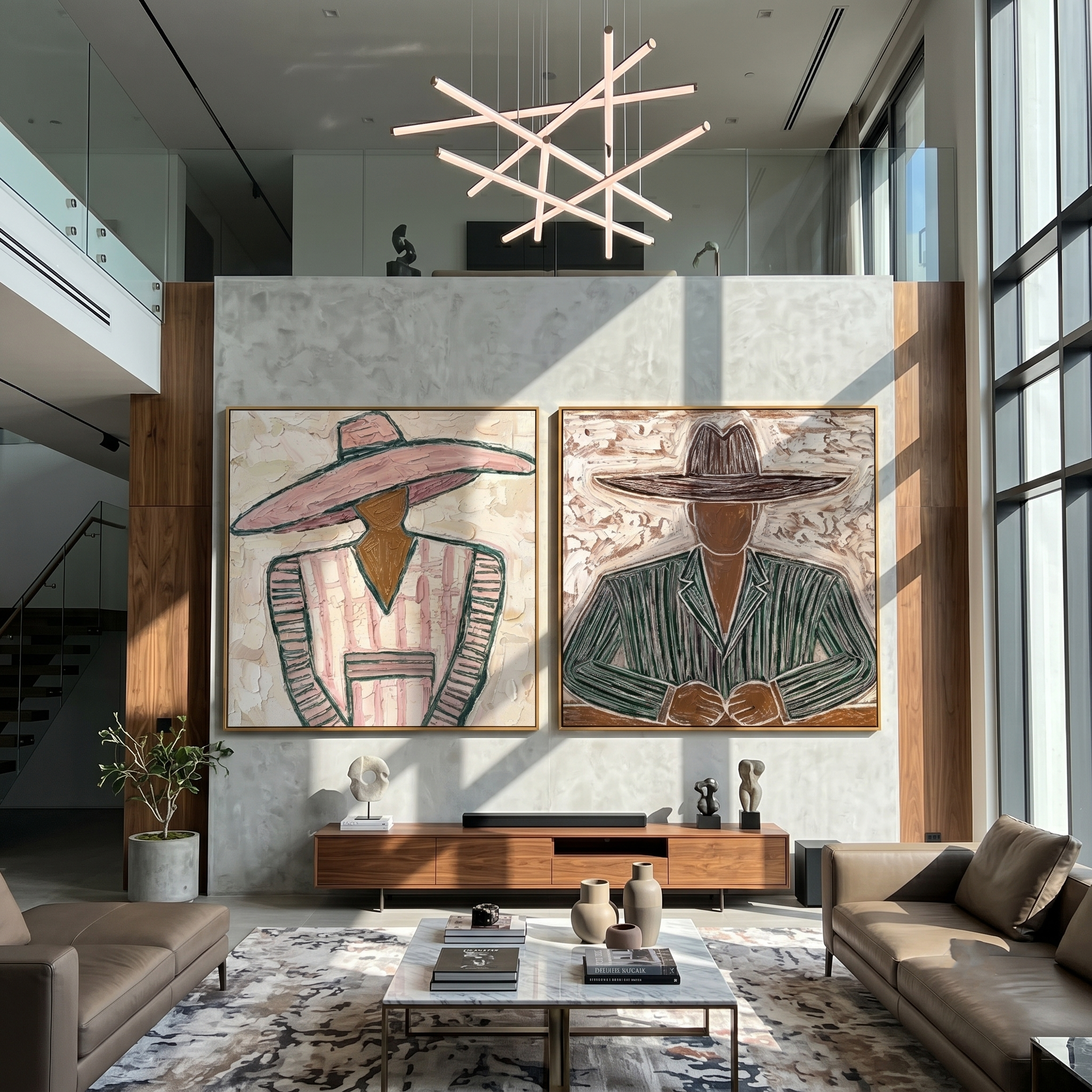 Wide Brims Shelter Stories — gray and brown modern figurative canvas art, set of 2 hand-painted canvas art – view 4