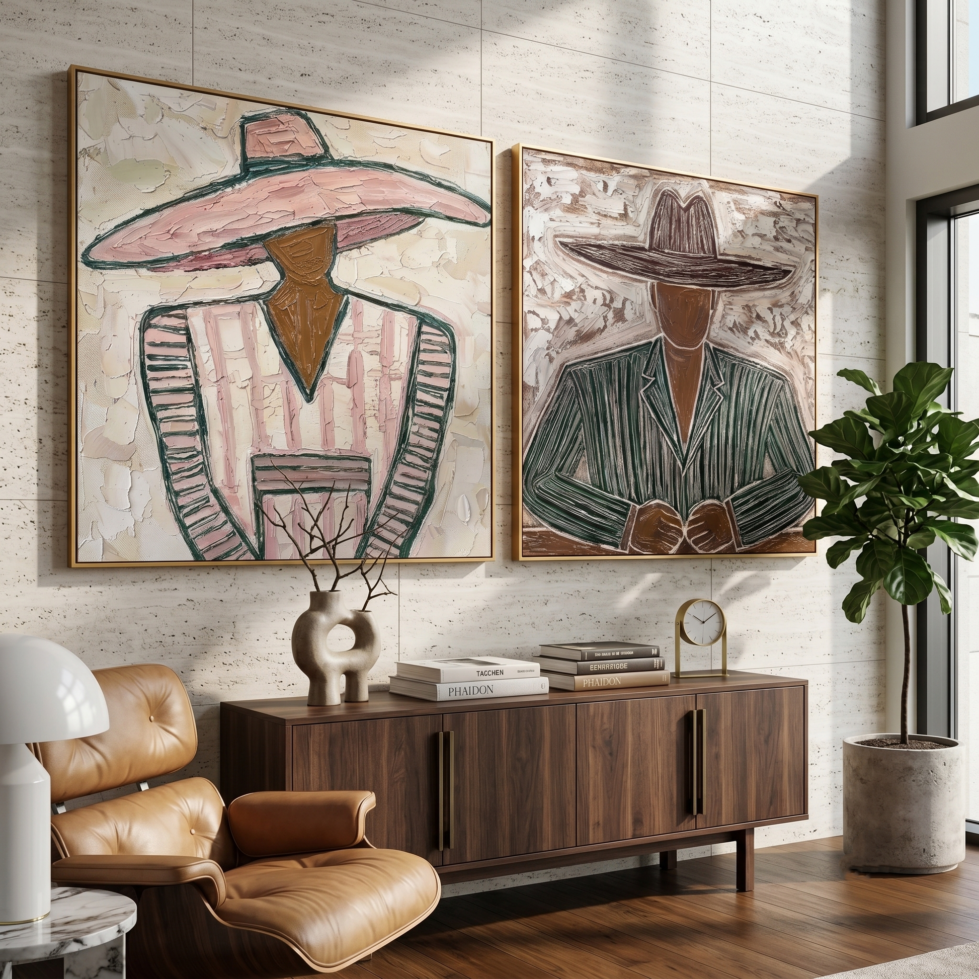 Wide Brims Shelter Stories — gray and brown modern figurative canvas art, set of 2 hand-painted canvas art – view 5