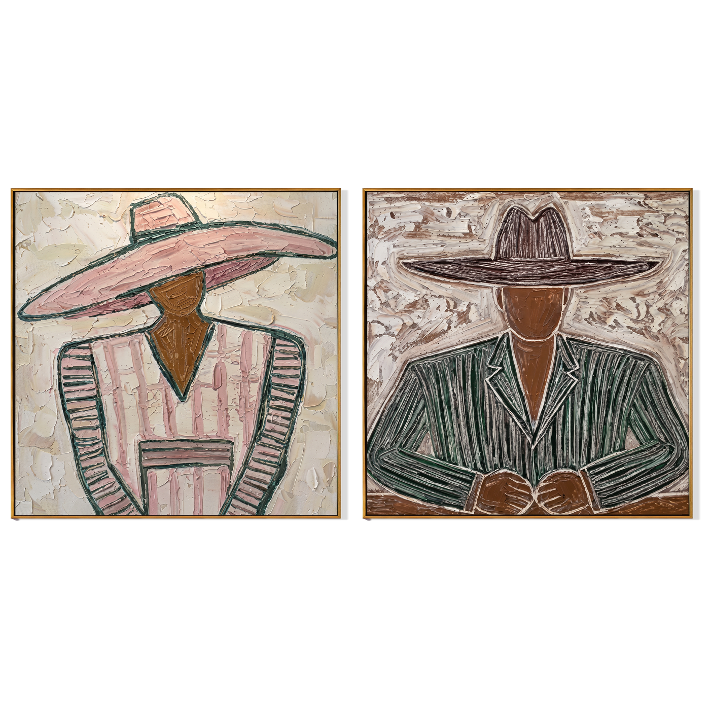 Wide Brims Shelter Stories — gray and brown modern figurative canvas art, set of 2 hand-painted canvas art – view 6