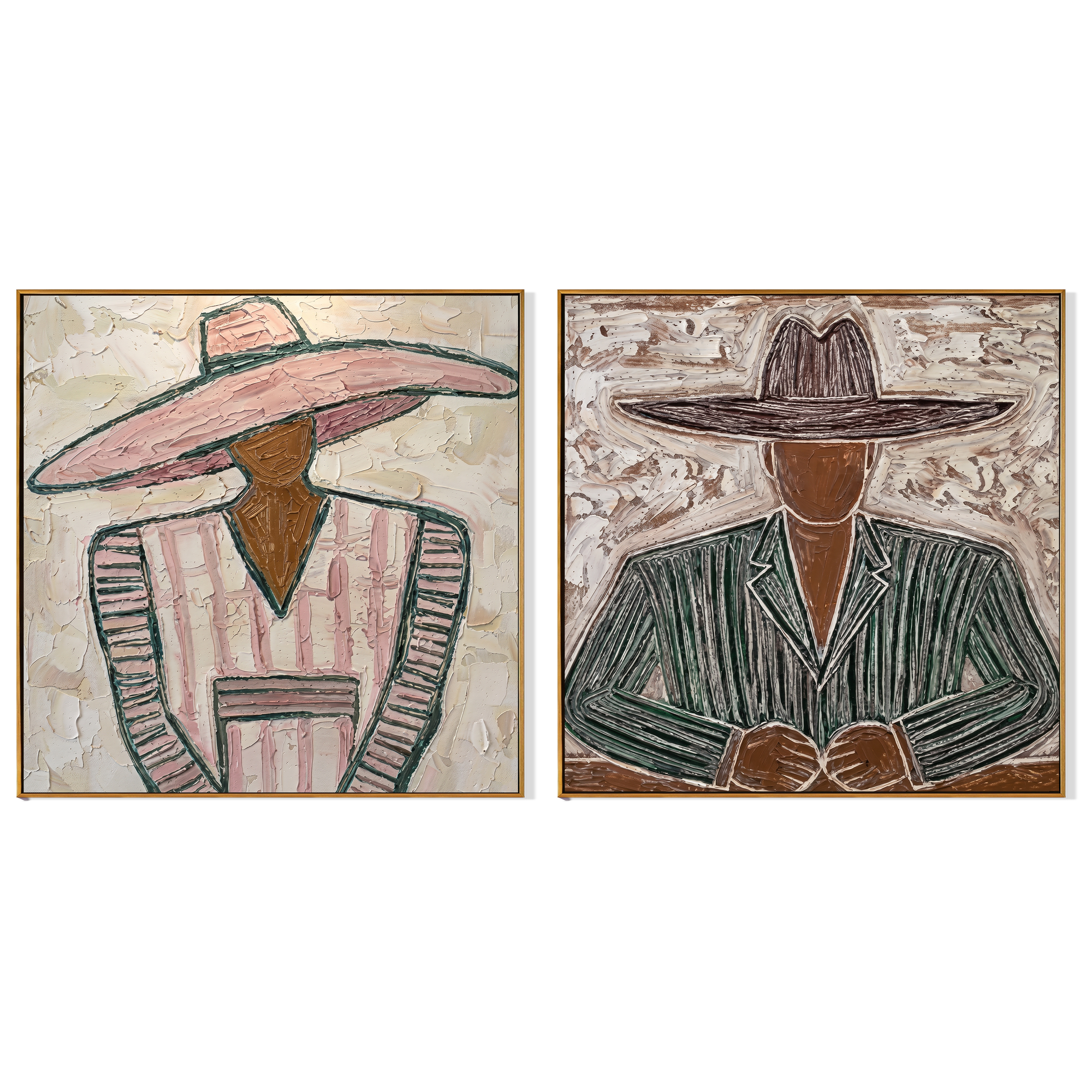 Wide Brims Shelter Stories — gray and brown modern figurative canvas art, set of 2 hand-painted canvas art – view 6