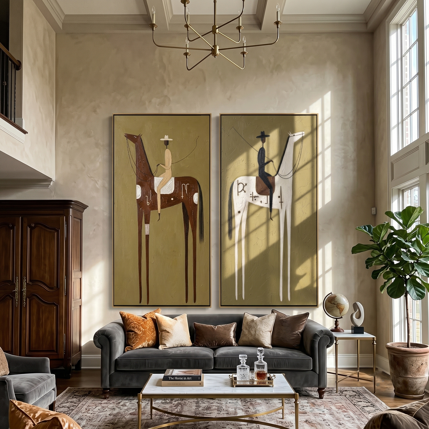 Long Reins Divide Evening — brown and gold modern figurative canvas art, set of 2 hand-painted canvas art – view 2