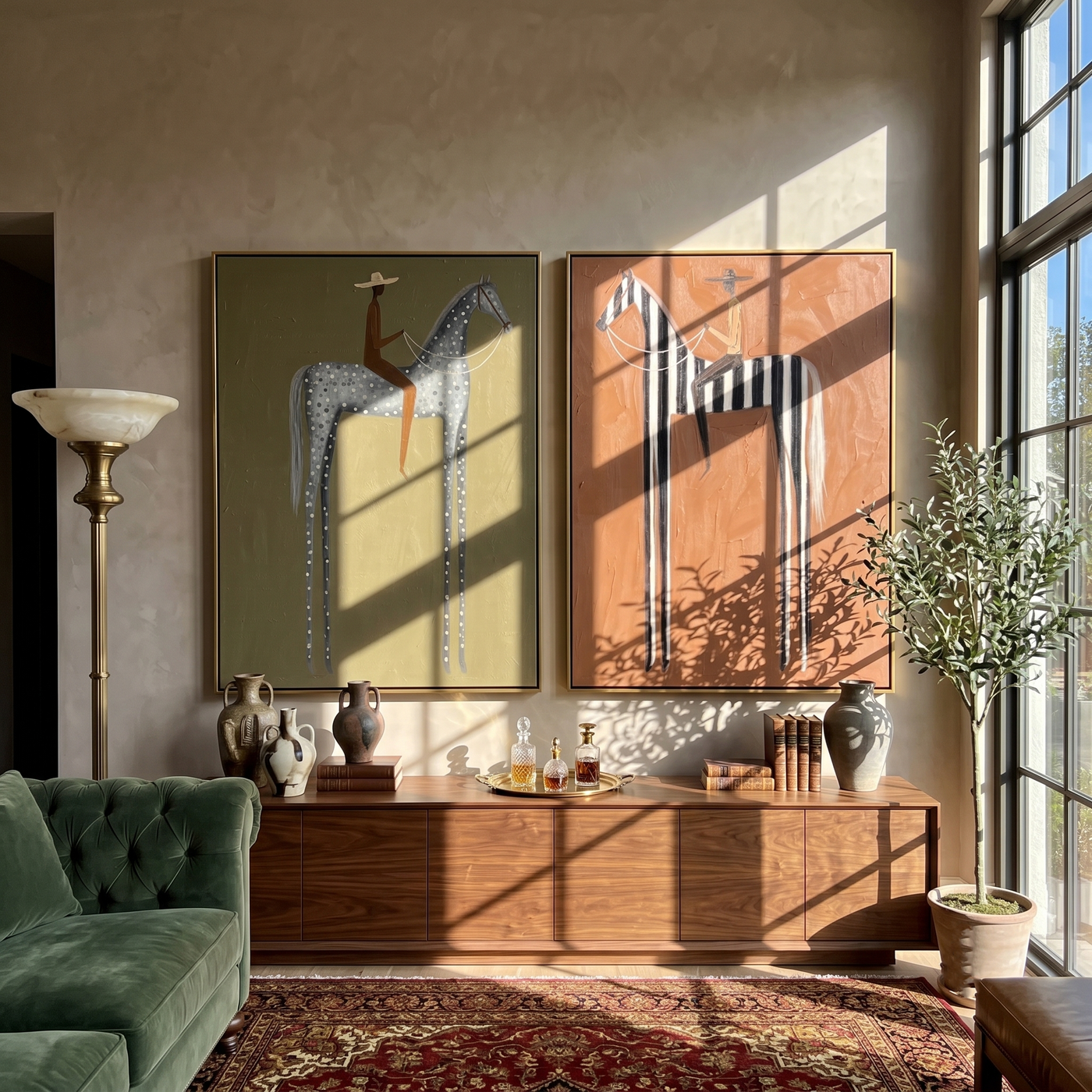 Silver Stripes Share Dusk — brown and gray modern figurative canvas art, set of 2 hand-painted canvas art – view 1