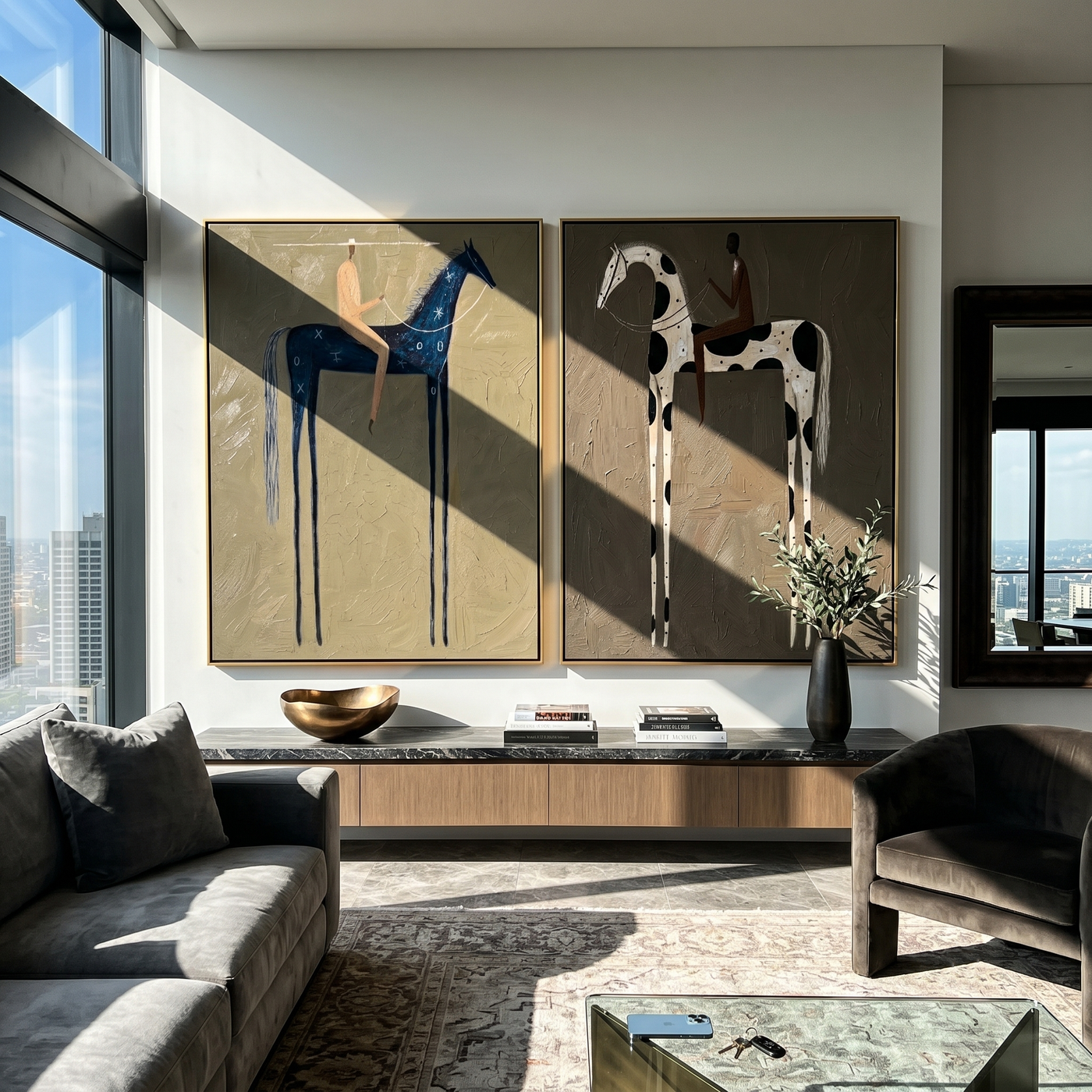 Blue Night Finds Snow — gray and brown and black modern figurative canvas art, set of 2 hand-painted canvas art – view 1